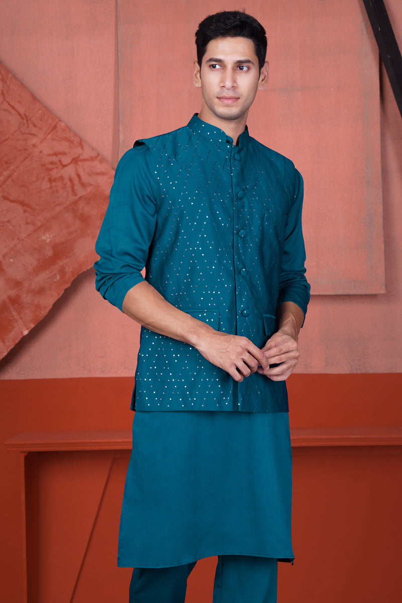 VENICE BLUE TIKKI WORK DESIGNER KURTA WITH NEHRU JACKET