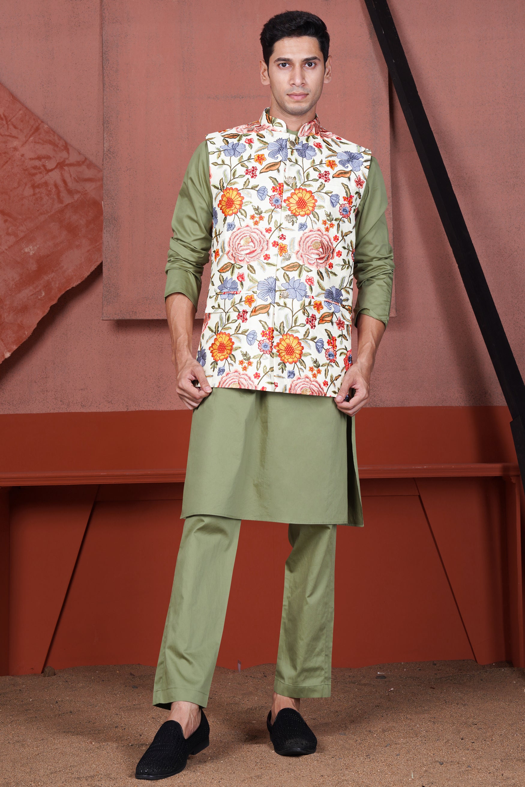 Eagle Green With Bright White Multi Color Floral Cotton Thread Embroidered Nehru Jacket With Kurta