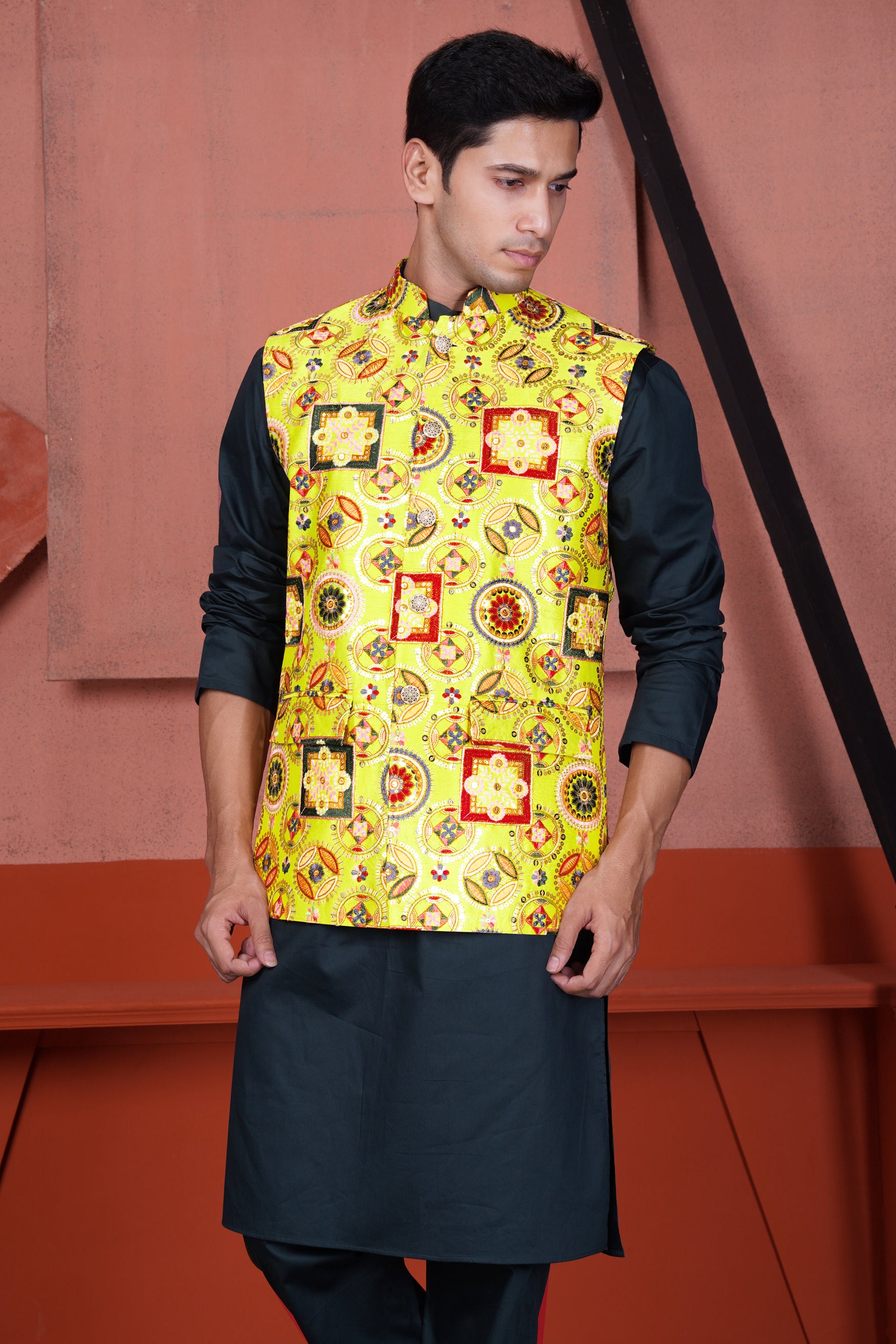 Gunmetal Blue Kurta with Custard Yellow Multicolour Cotton Thread Embroidered Designer Nehru Jacket