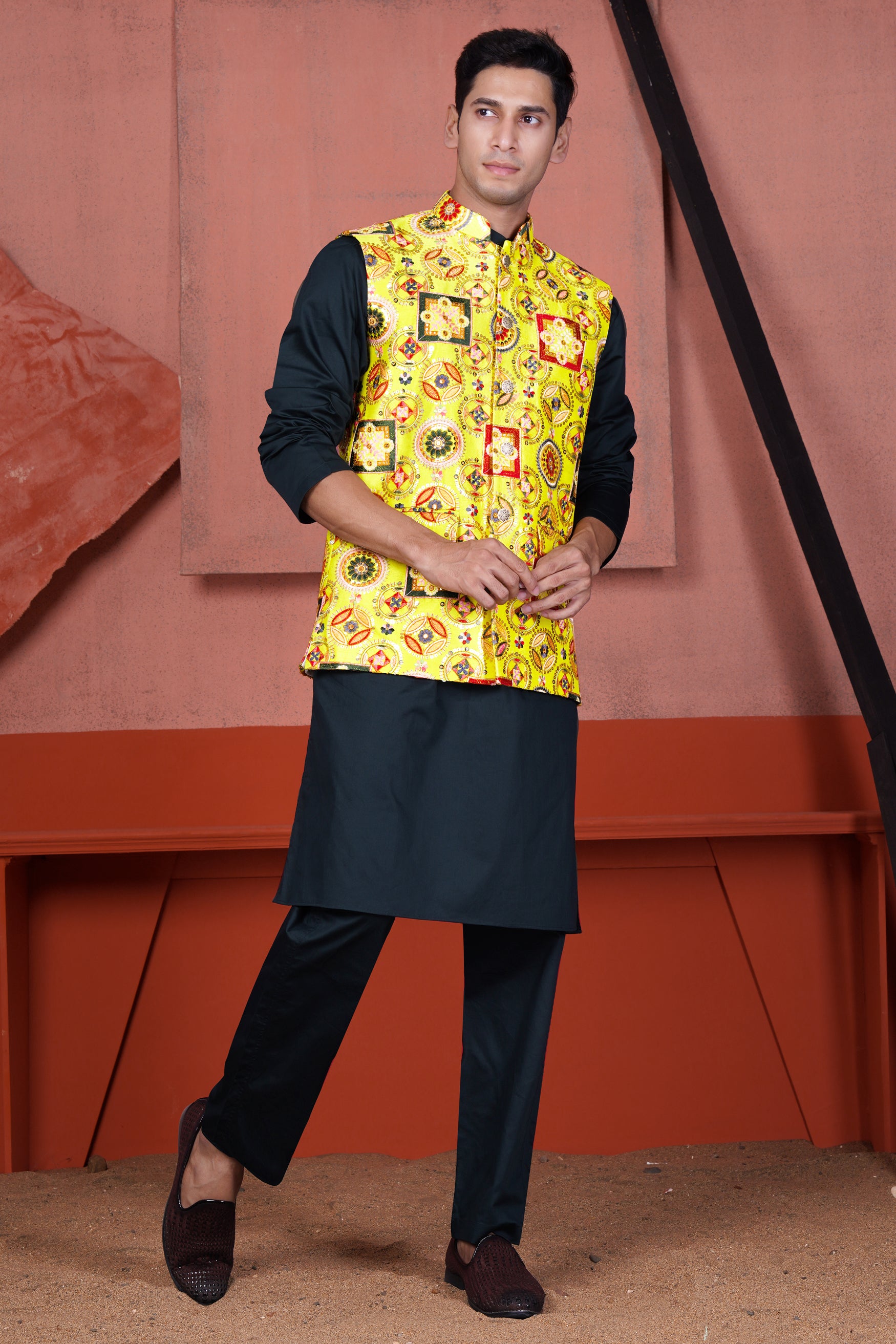 Gunmetal Blue Kurta with Custard Yellow Multicolour Cotton Thread Embroidered Designer Nehru Jacket