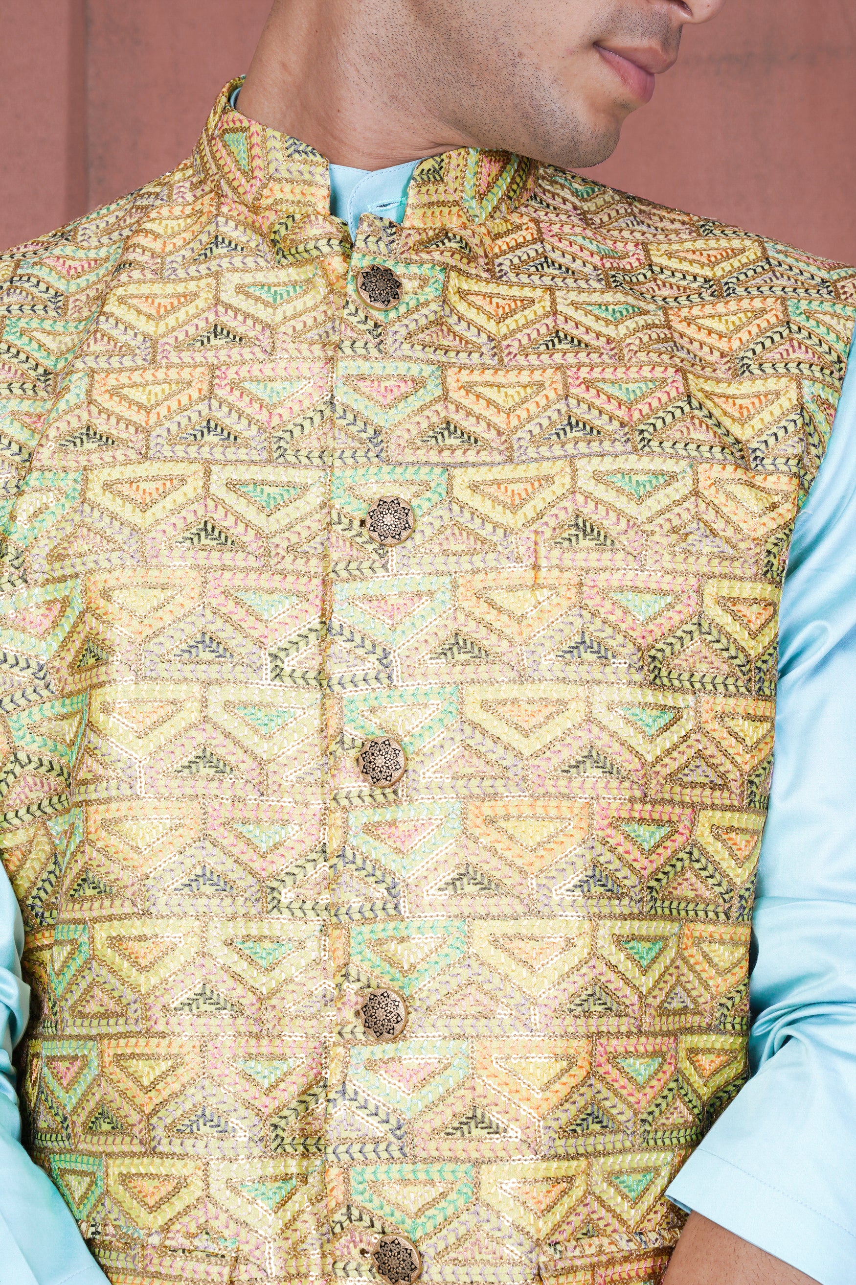 Sail Blue Kurta with Tacha Brown and Charm Pink Geometric Cotton Thread Embroidered Designer Nehru Jacket