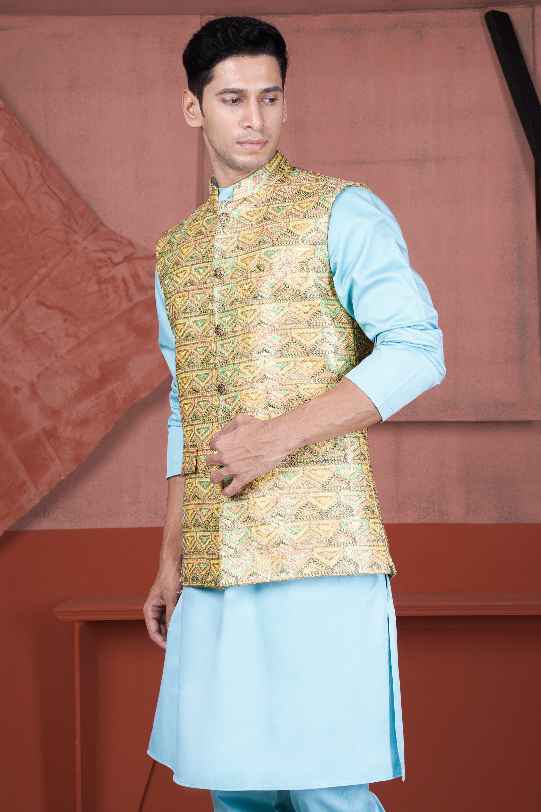 Sail Blue Kurta with Tacha Brown and Charm Pink Geometric Cotton Thread Embroidered Designer Nehru Jacket