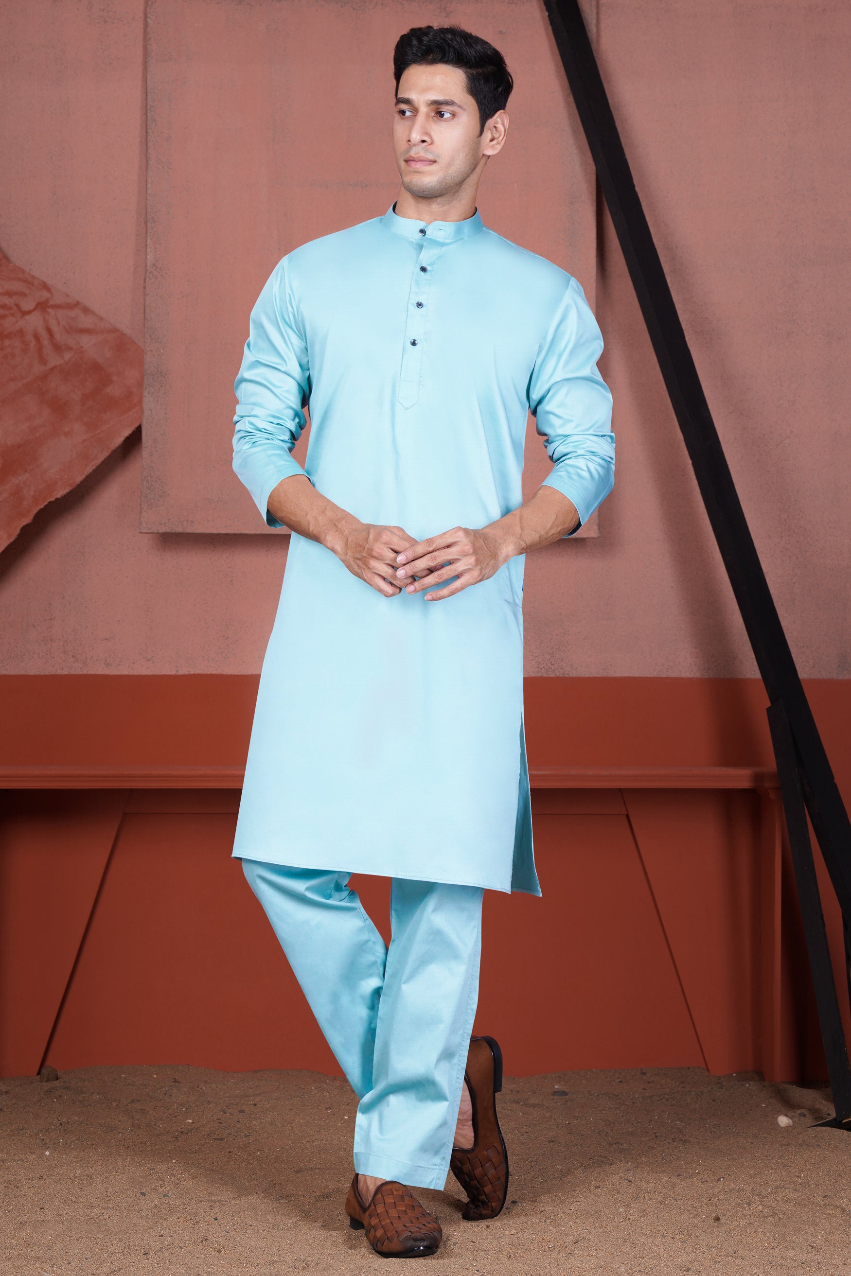 Sail Blue Kurta with Tacha Brown and Charm Pink Geometric Cotton Thread Embroidered Designer Nehru Jacket