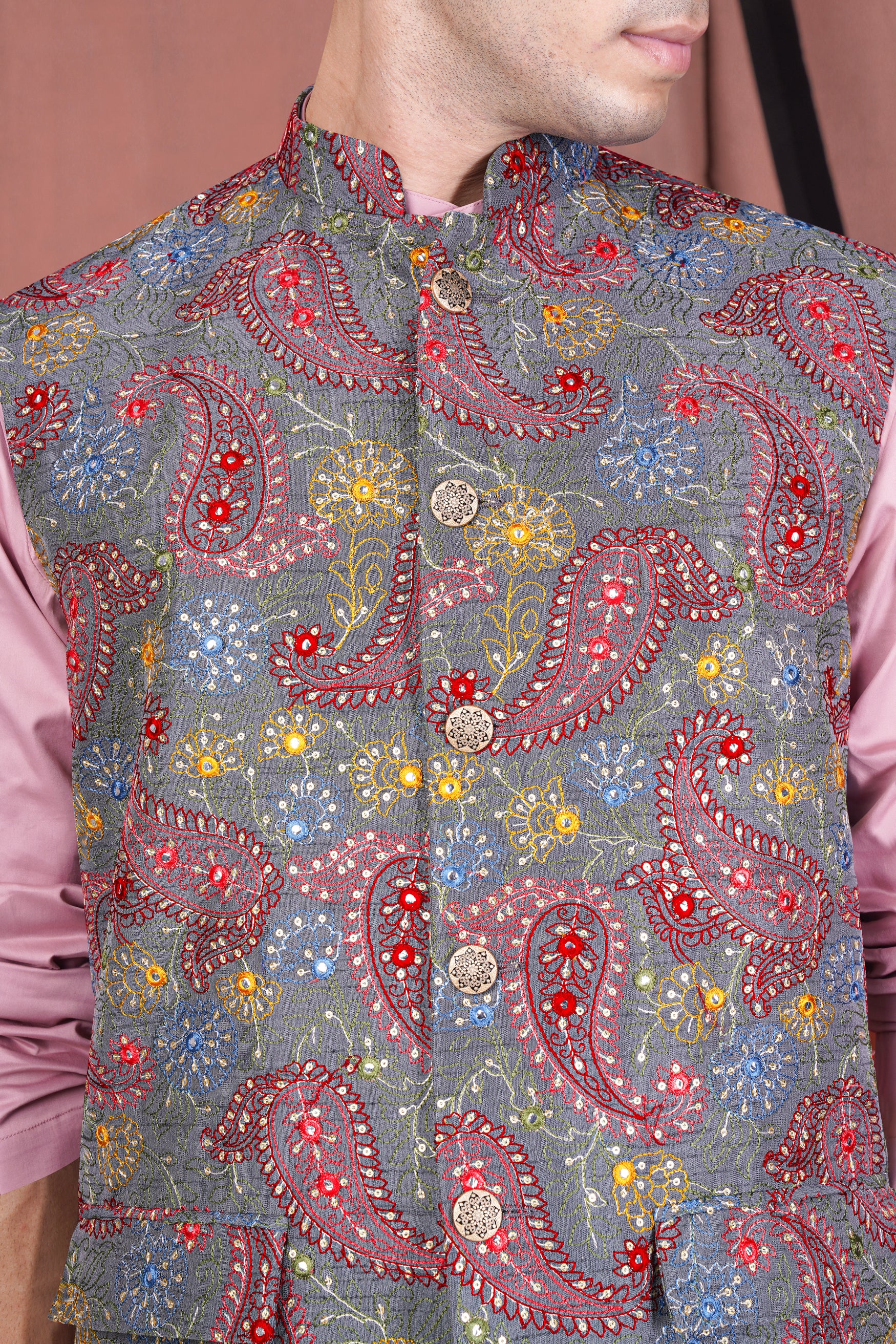 Kobi Pink Kurta with Nickel Gray and Brink Pink Paisley Cotton Thread Embroidered Designer Nehru Jacket