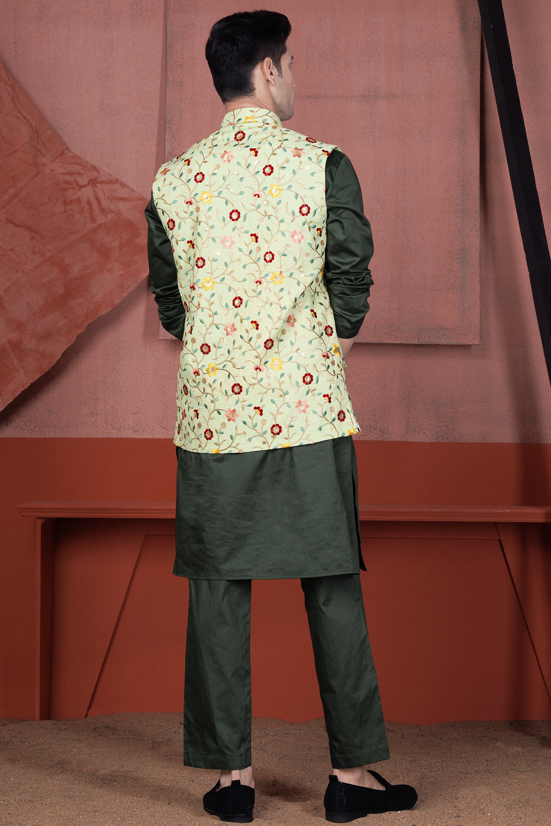 Timber Green Kurta with Hampton Green and Beryl Red Floral Multicolour Cotton Thread Embroidered Designer Nehru Jacket