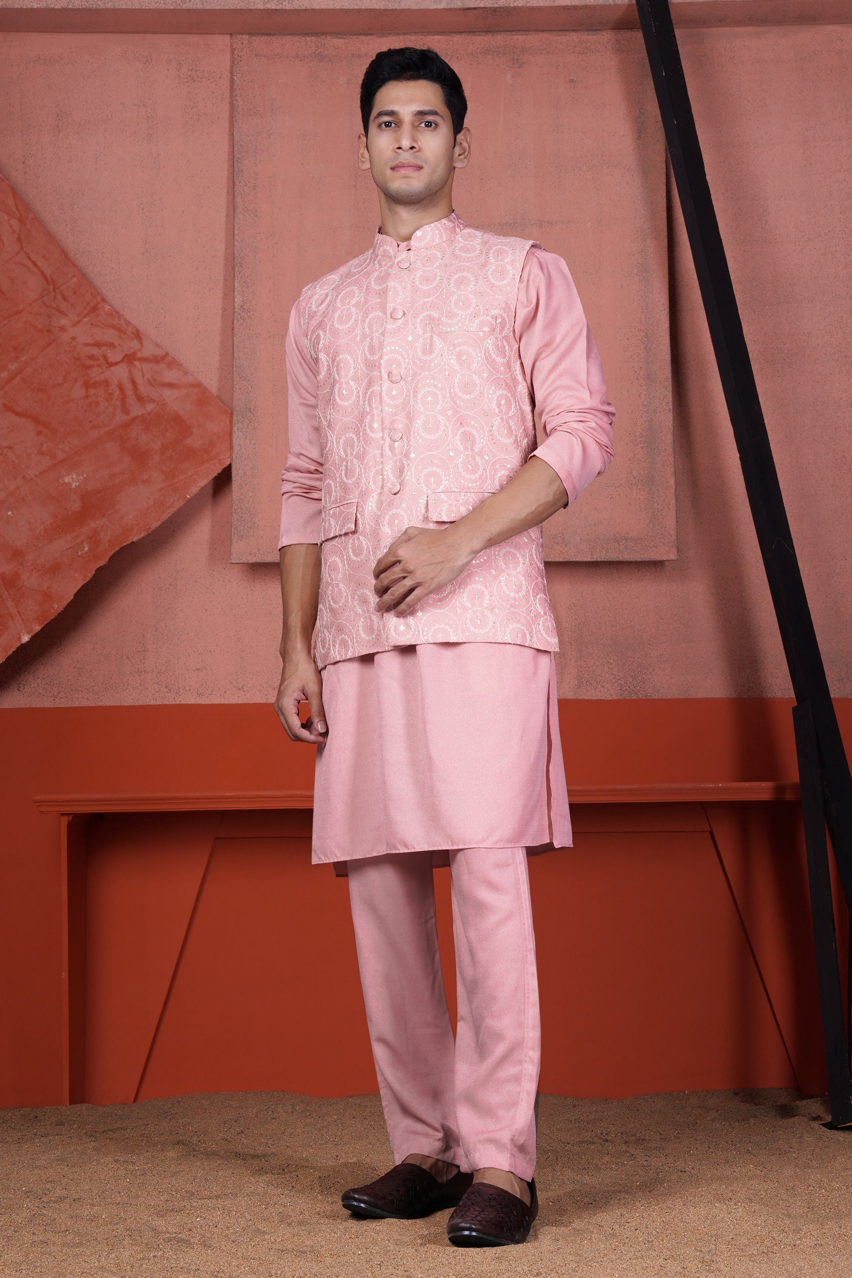 Pink kurta clearance with nehru jacket