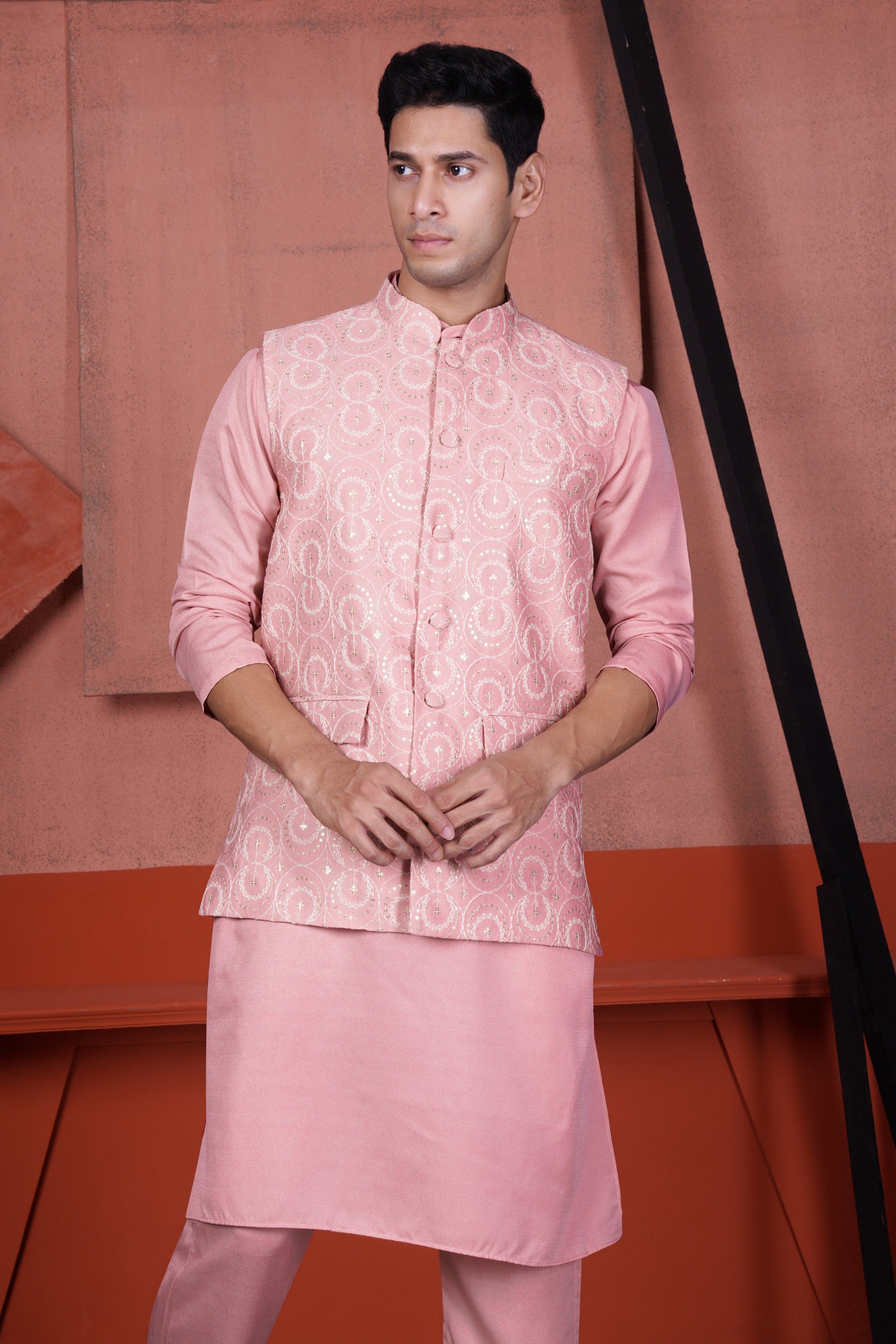 Careys Pink Viscose Kurta With Circular Cotton Thread Embroidered Designer Nehru Jacket