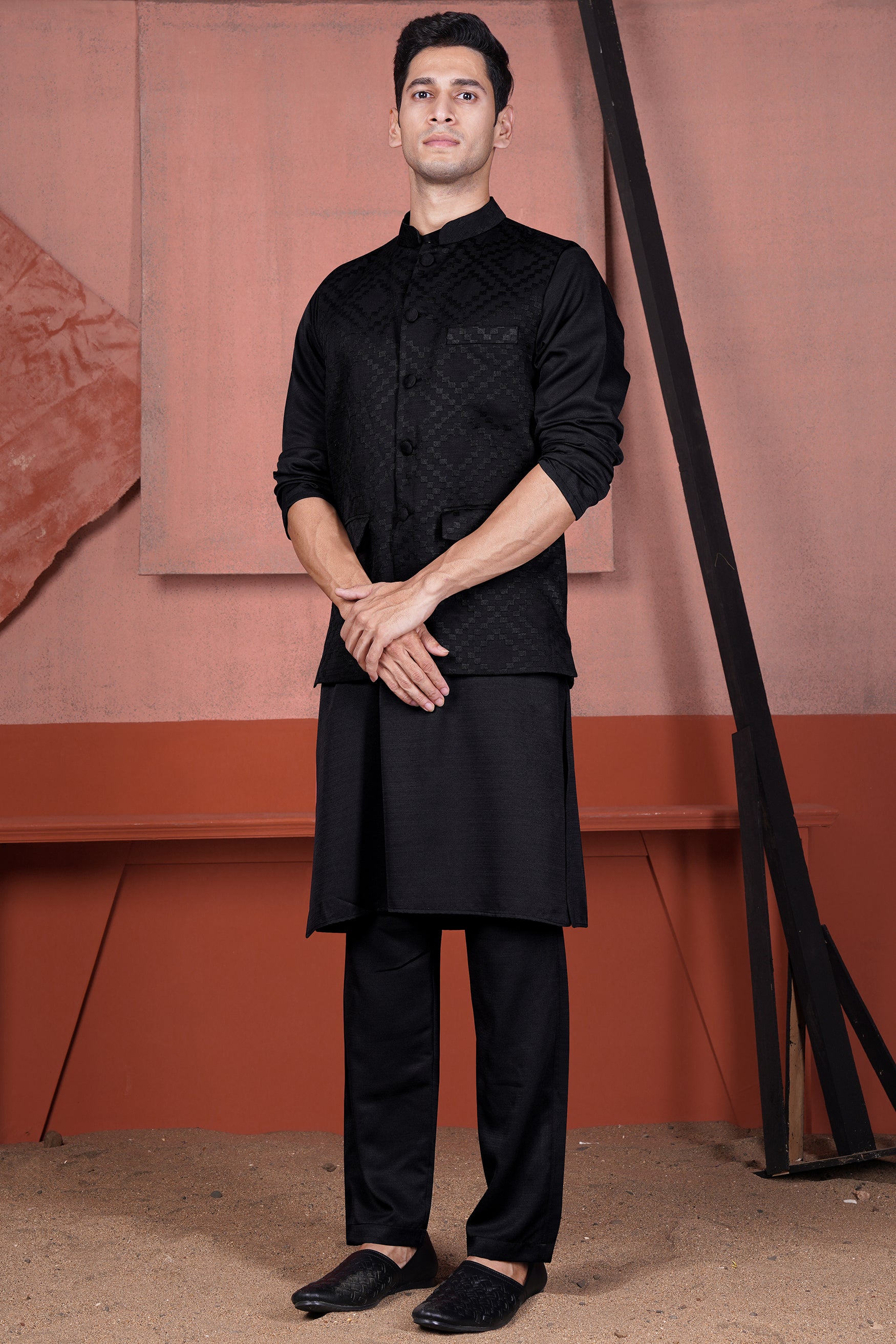 Jade Black Viscose Embroidered Designer Kurta with Nehru Jacket