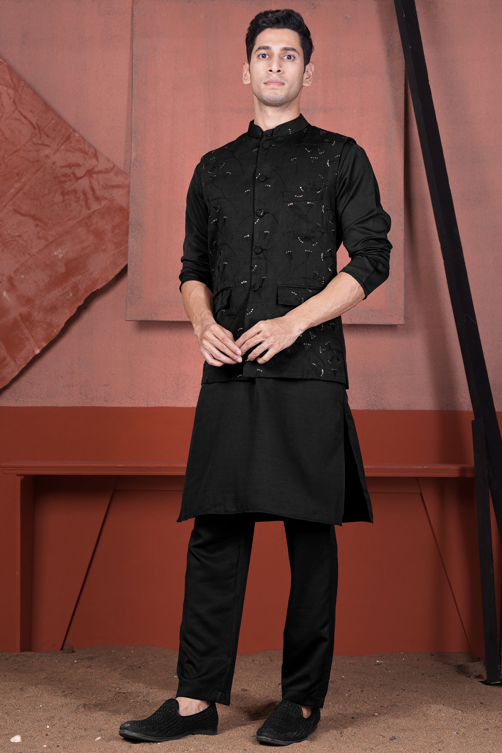 Jade Black Viscose Embroidered with Tikki Work Designer Kurta with Nehru Jacket