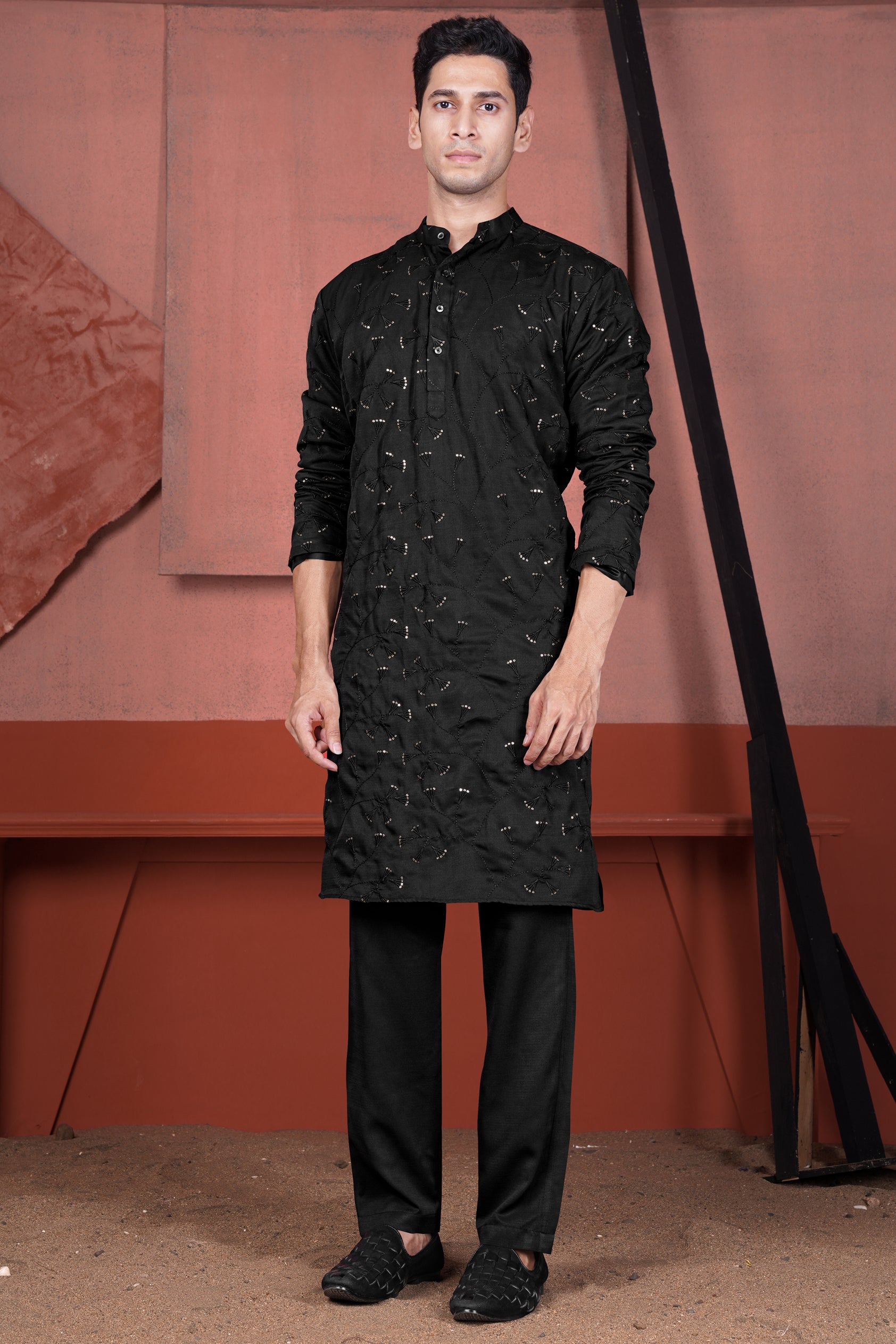 Jade Black Viscose Embroidered with Tikki Work Designer Kurta with Nehru Jacket