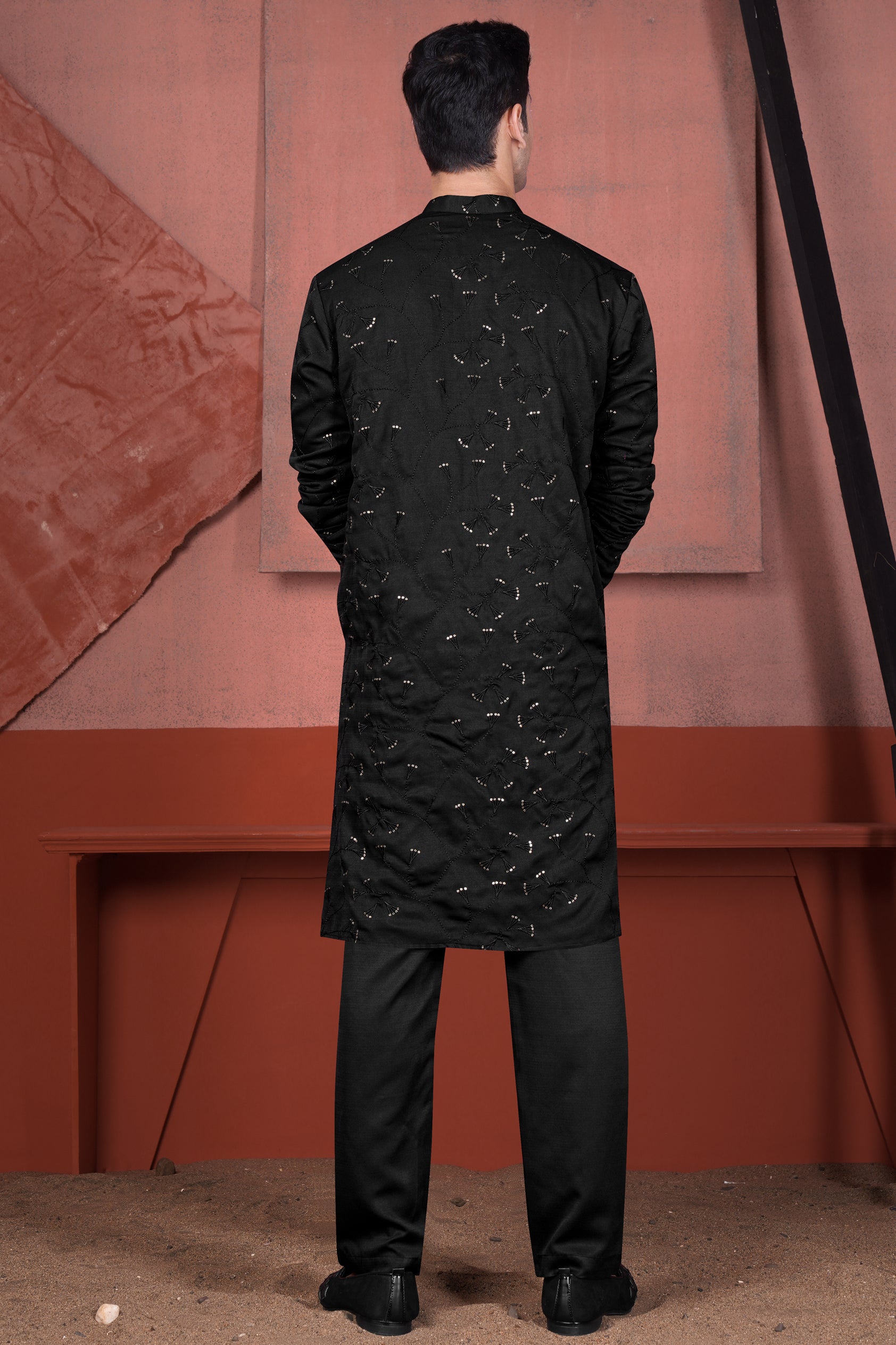 Jade Black Viscose Embroidered with Tikki Work Designer Kurta with Nehru Jacket