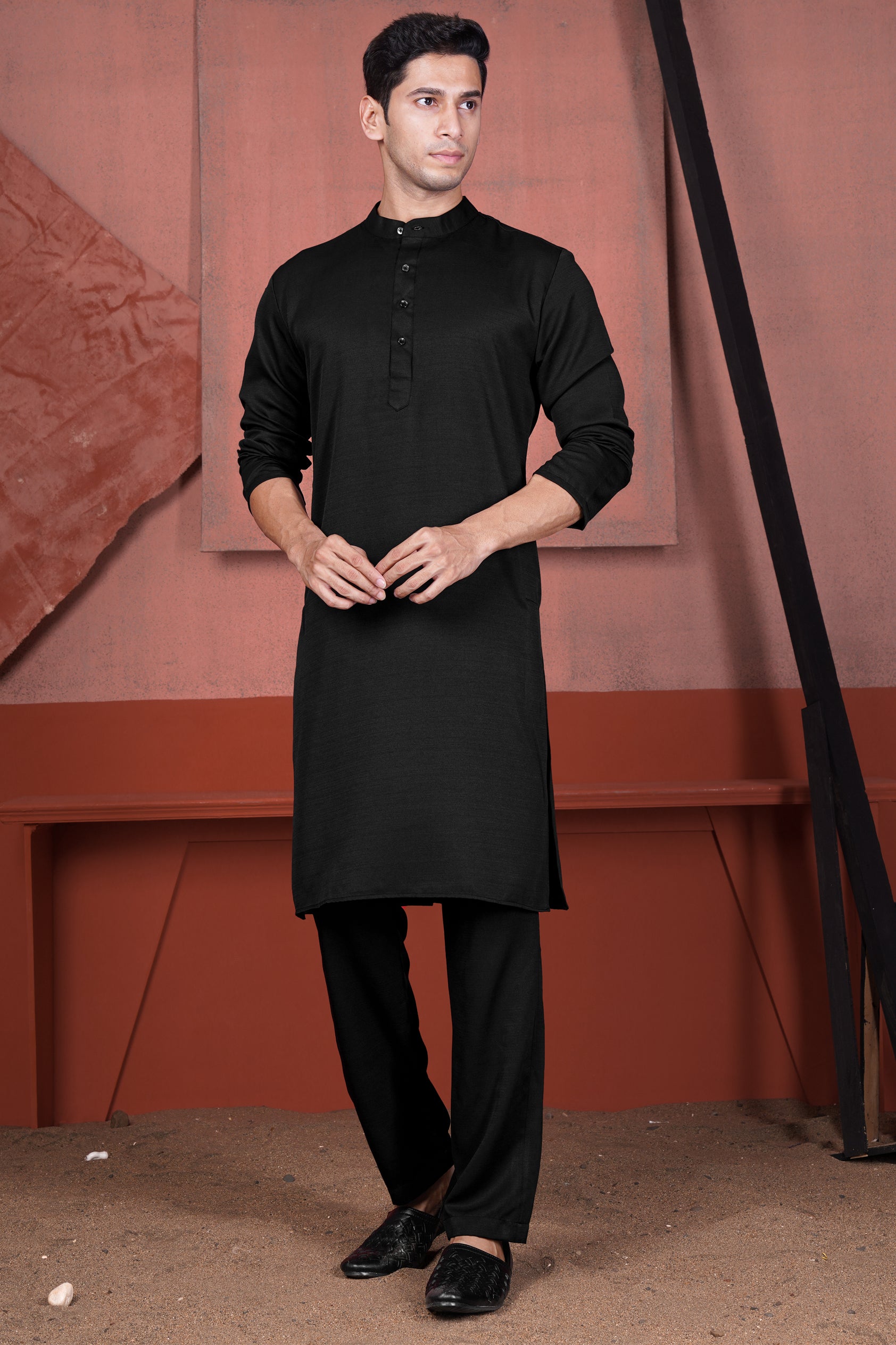 Jade Black Viscose Embroidered with Tikki Work Designer Kurta with Nehru Jacket