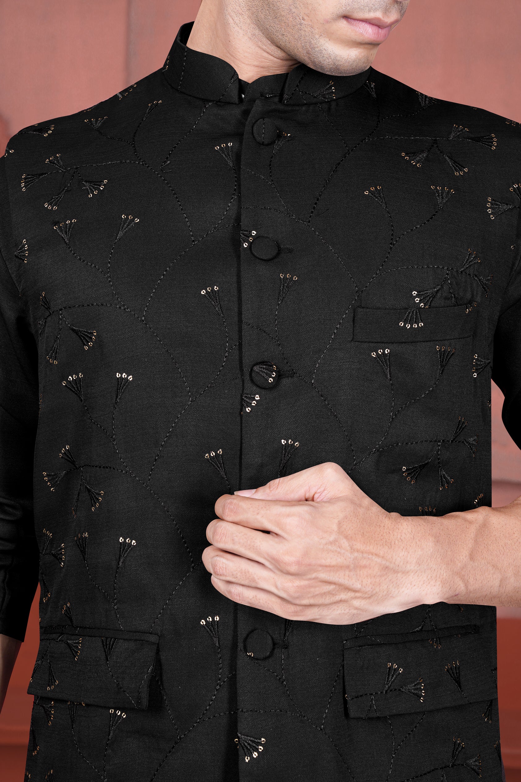 Jade Black Viscose Embroidered with Tikki Work Designer Kurta with Nehru Jacket