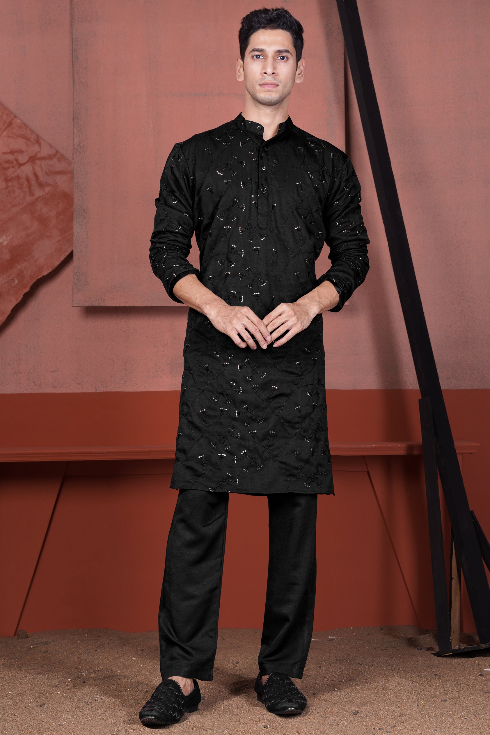 Jade Black Viscose Embroidered with Tikki Work Designer Kurta with Nehru Jacket