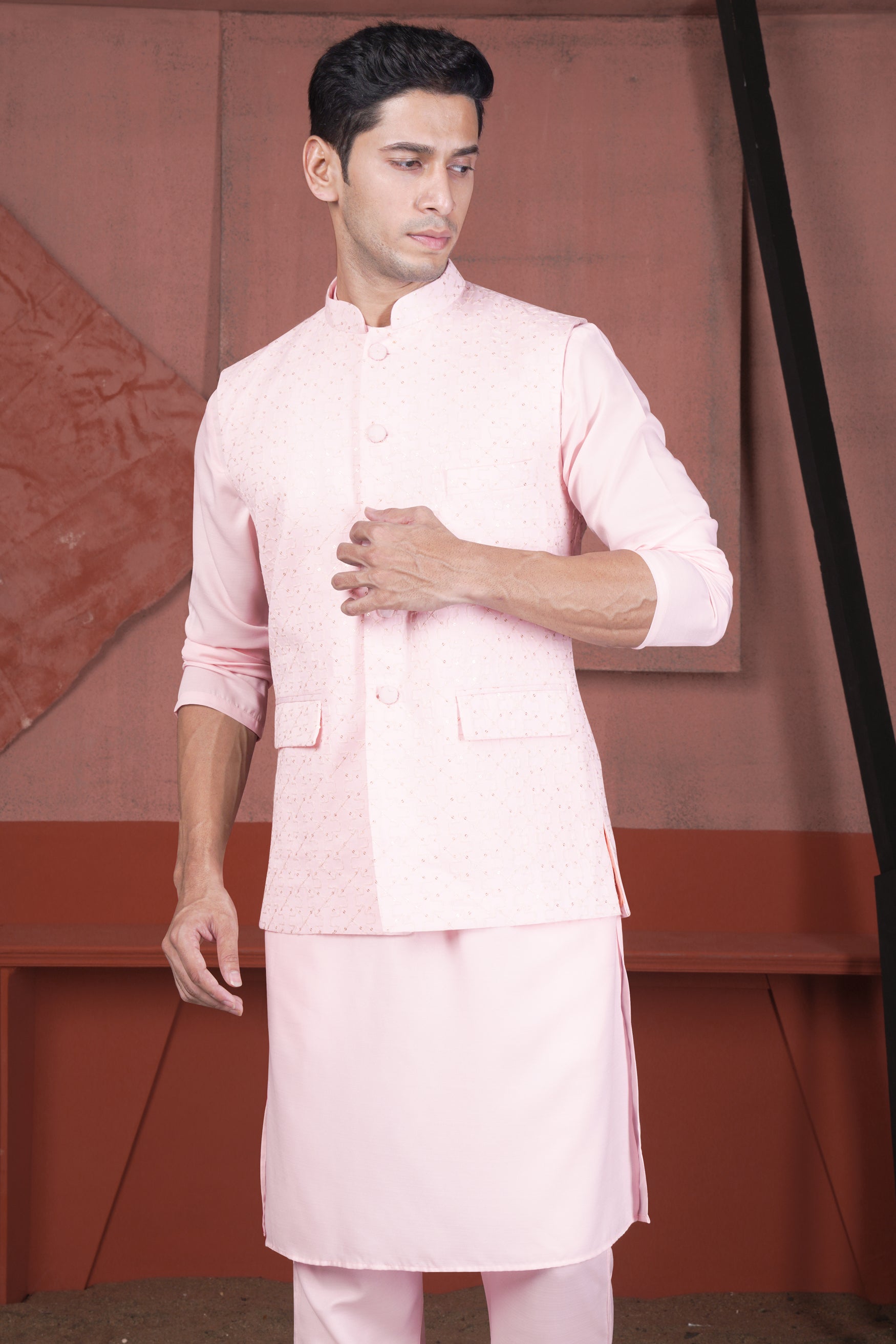 Blush Pink Viscose Embroidered With Tikki Work Designer Kurta With Nehru Jacket