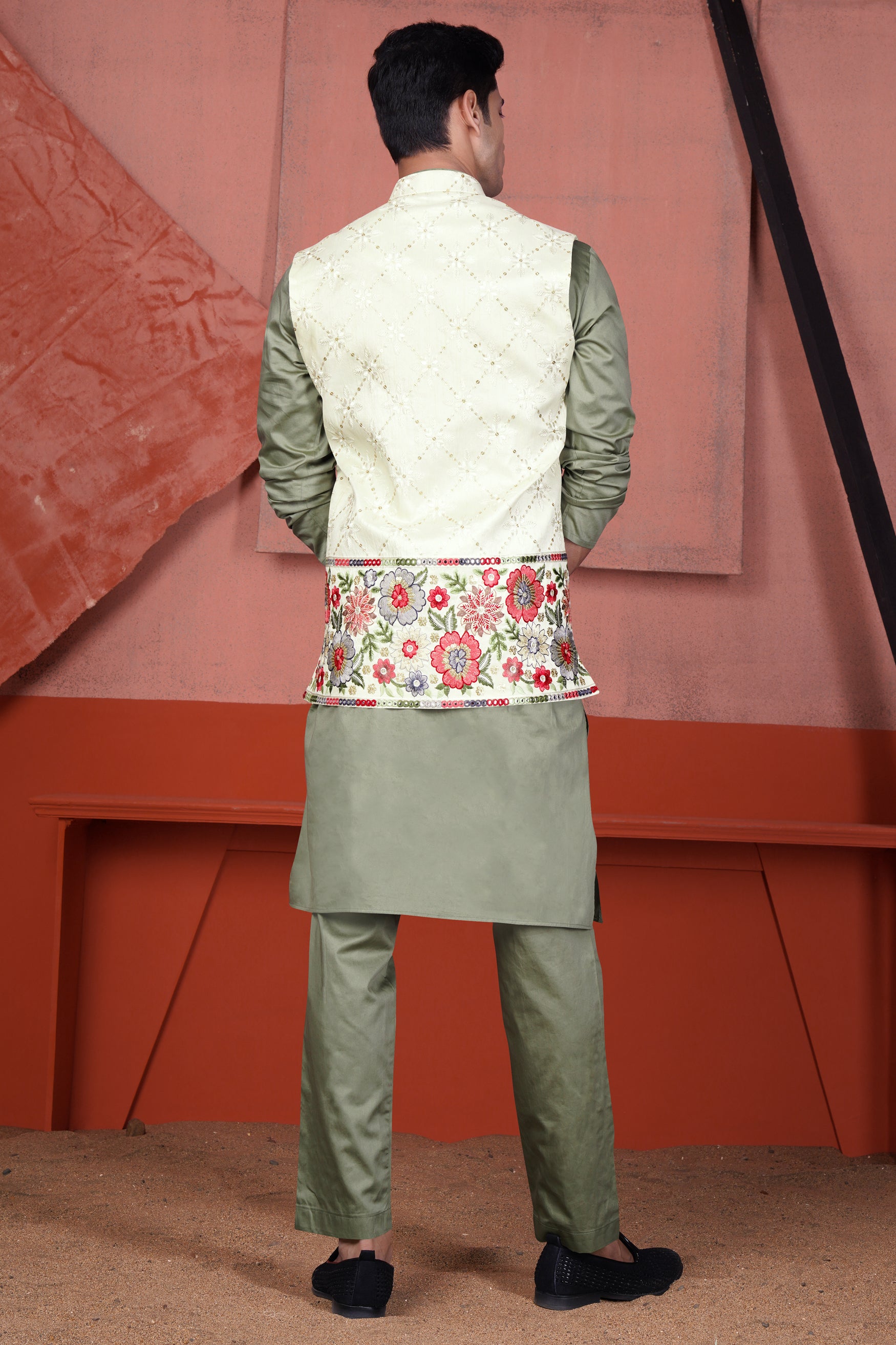 Olive Green Kurta with Merino Cream and Terra Pink Floral Cotton Thread Embroidered Designer Nehru Jacket