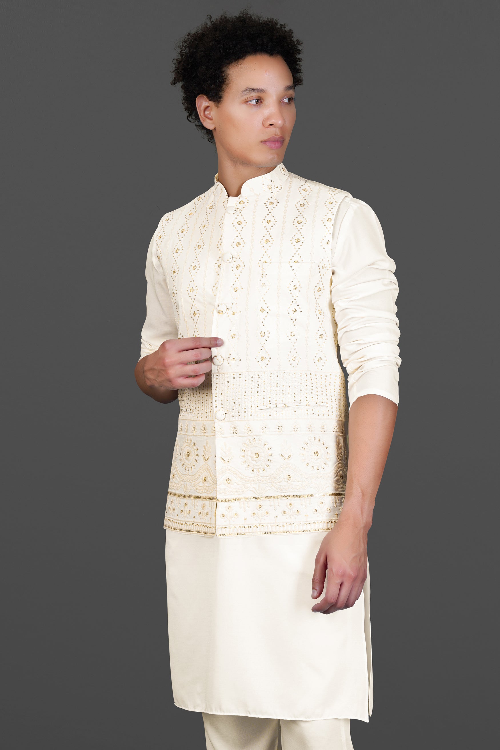 Albescent Cream Kurta Set With Sequin Embroidered Designer Nehru Jacket