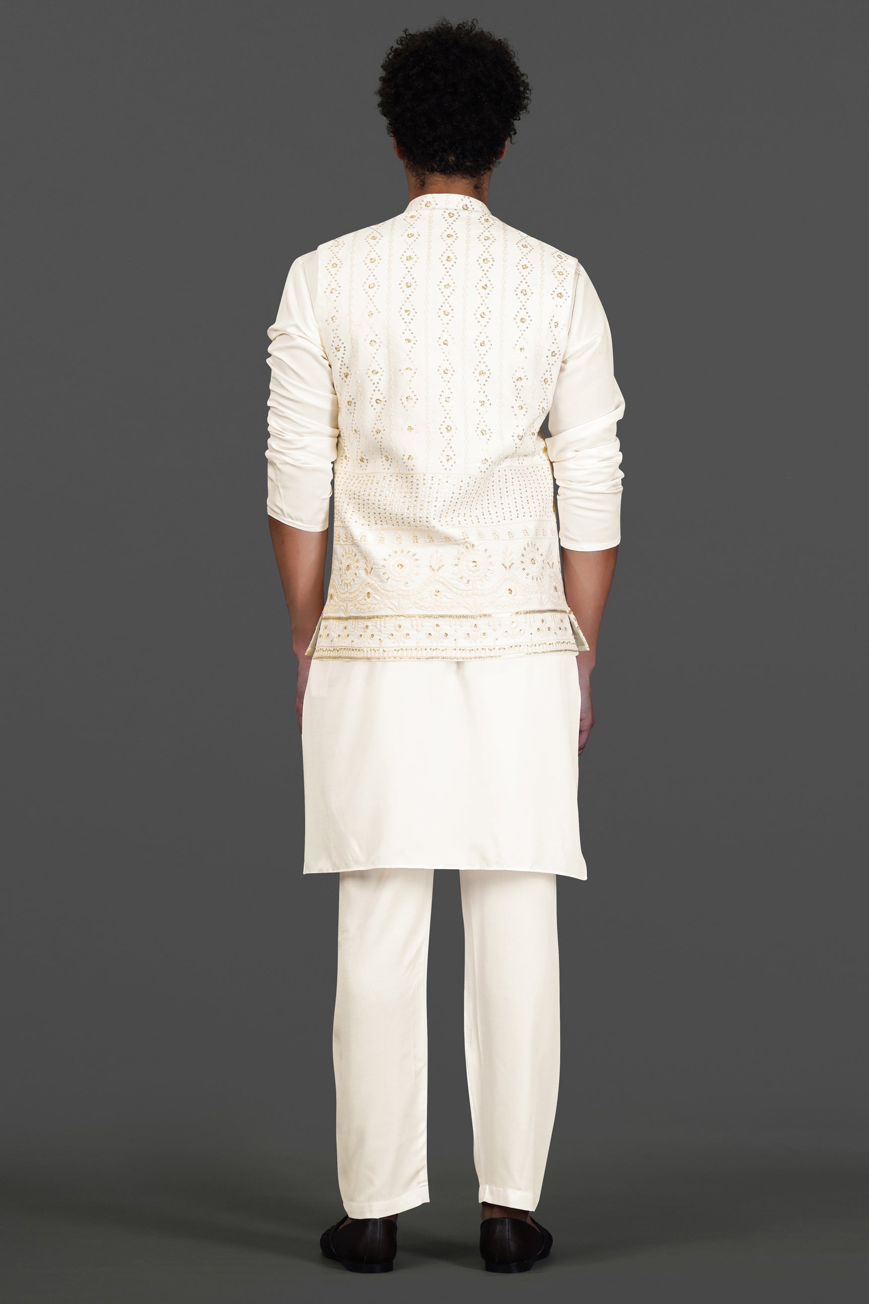 Albescent Cream Kurta Set With Sequin Embroidered Designer Nehru Jacket