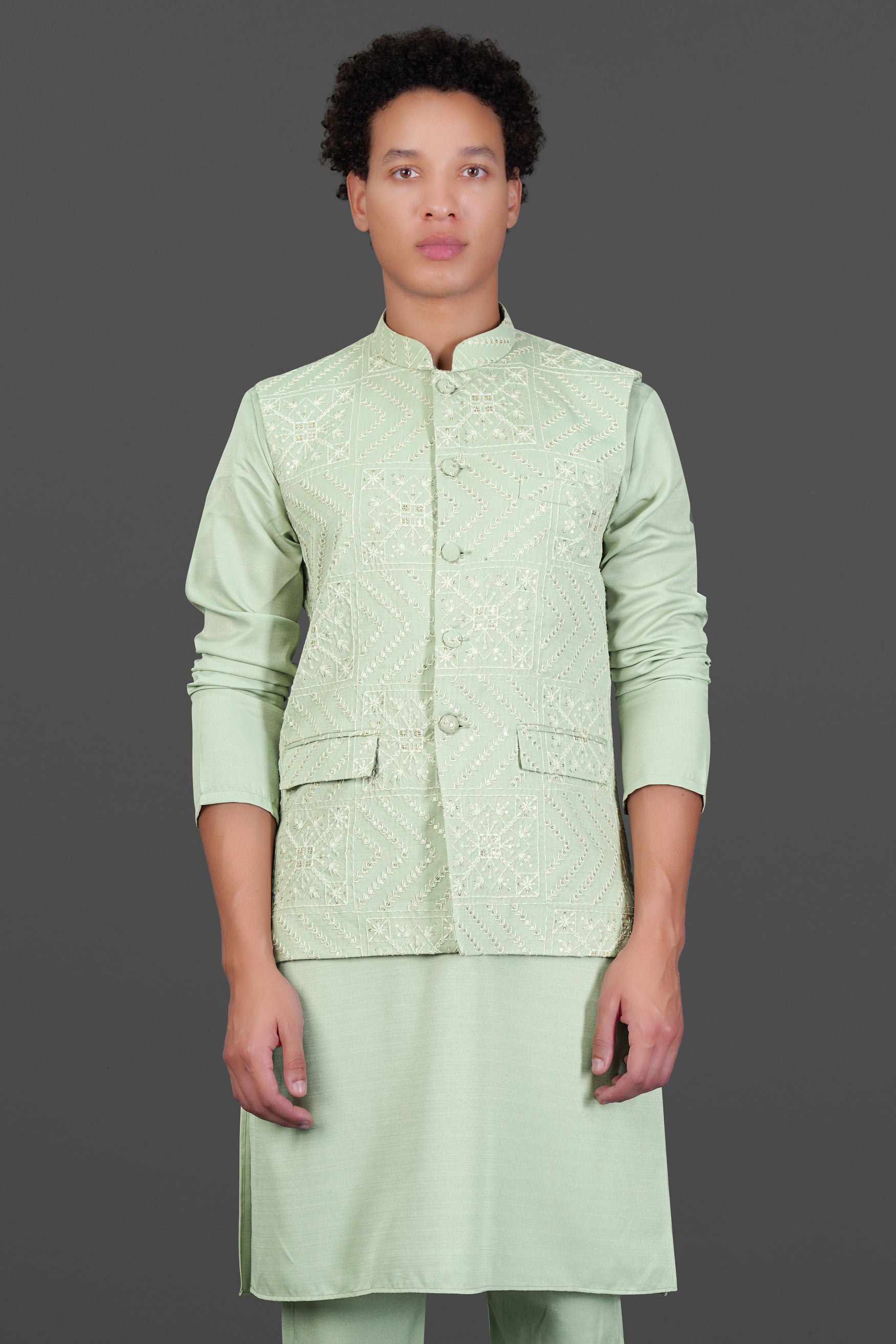 Rainee Green Subtle Sheen Viscose Kurta Set With Thread and Sequin Embroidered Designer Nehru Jacket