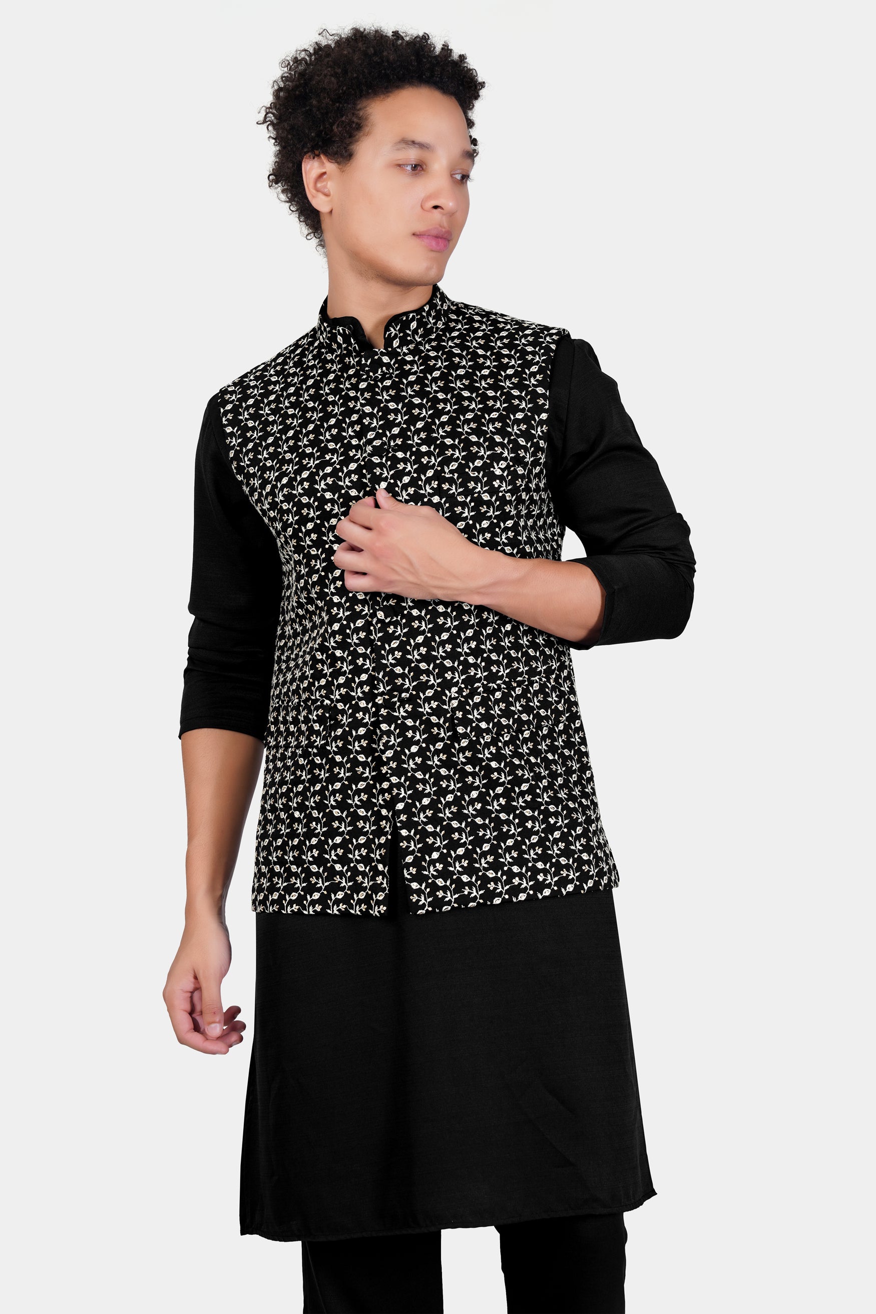 Jade Black Subtle Sheen Viscose Kurta Set With Ditsy Pattern Thread and Sequin Embroidered Designer Nehru Jacket