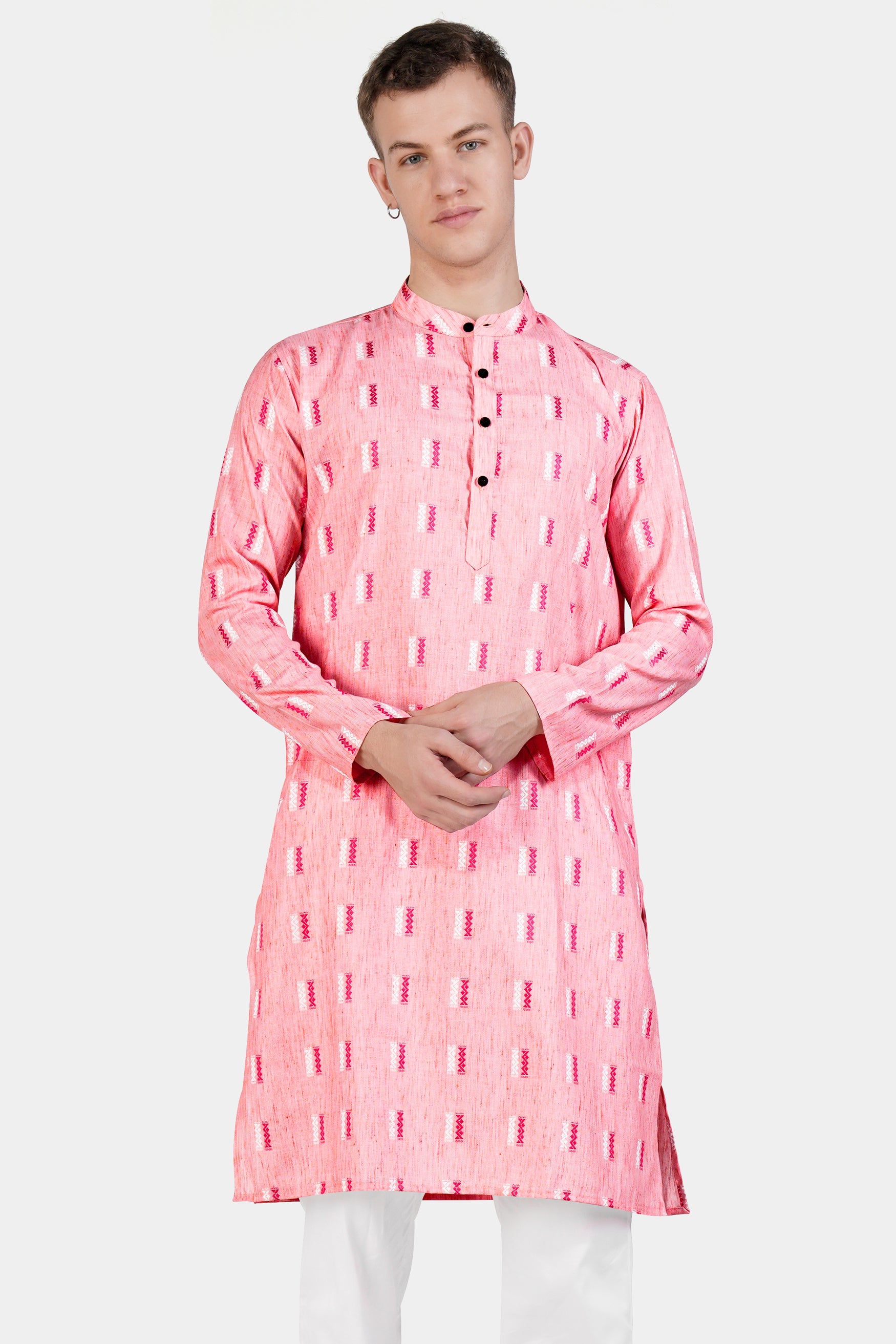 Light Rose Pink Zig-zag Textured Jacquard Premium Giza Cotton Kurta