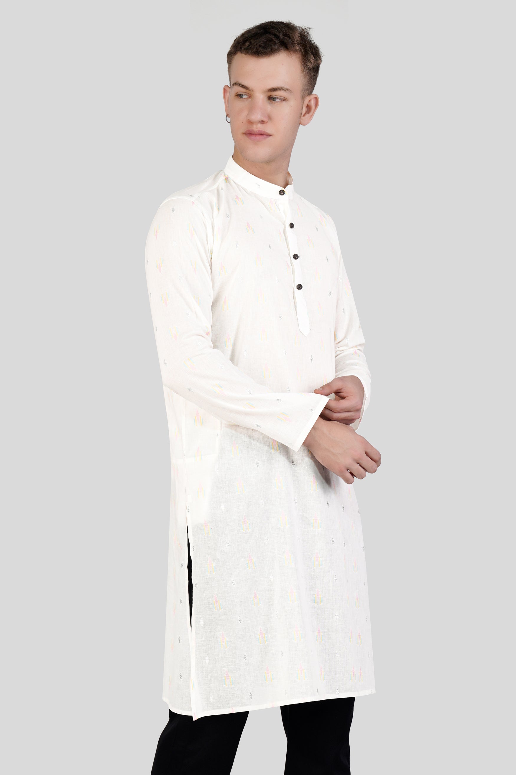 Off White colorful and silver Jacquard Textured Premium Giza Cotton Kurta