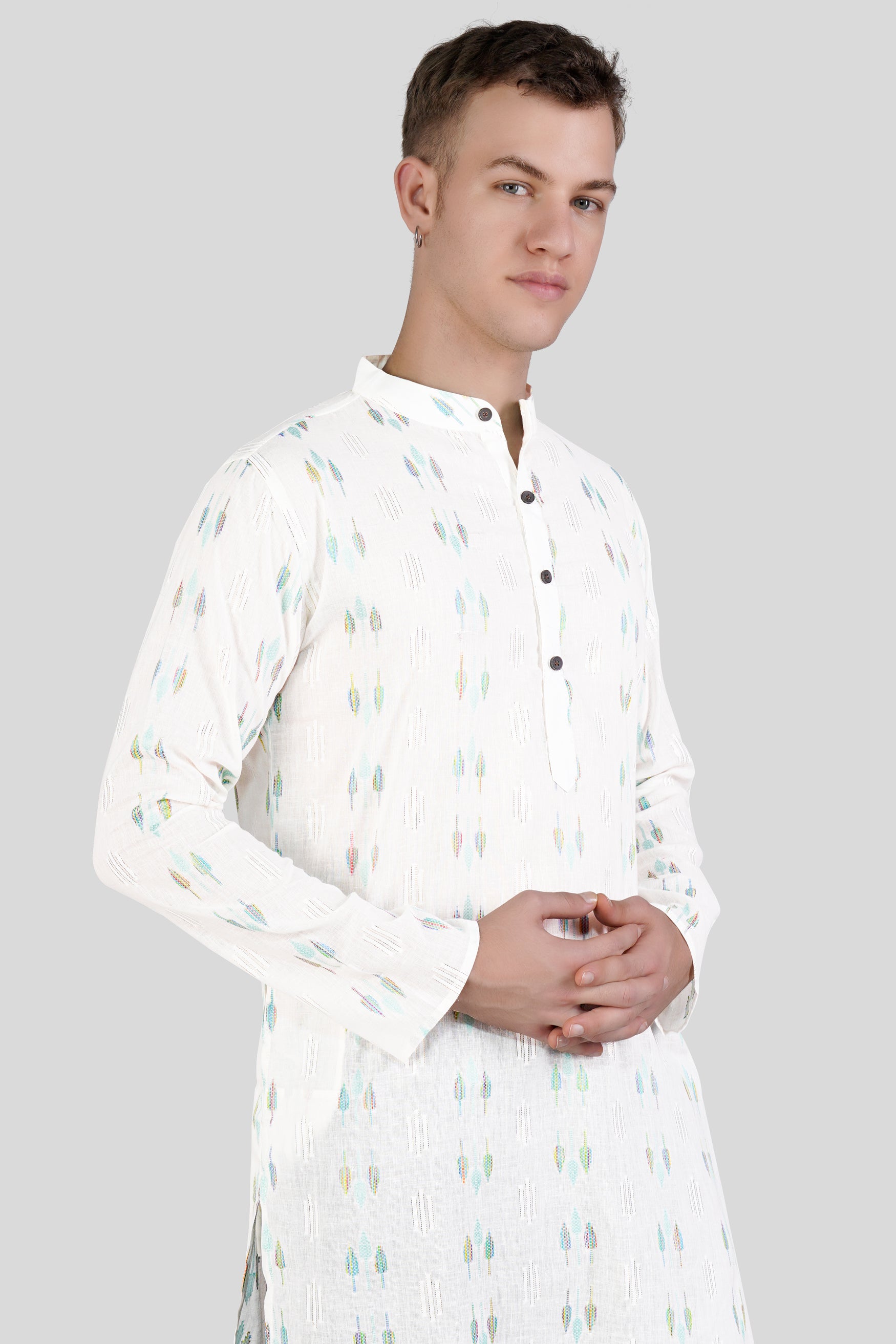 Bright White with colorful Leaves Jacquard Textured Premium Giza Cotton Kurta