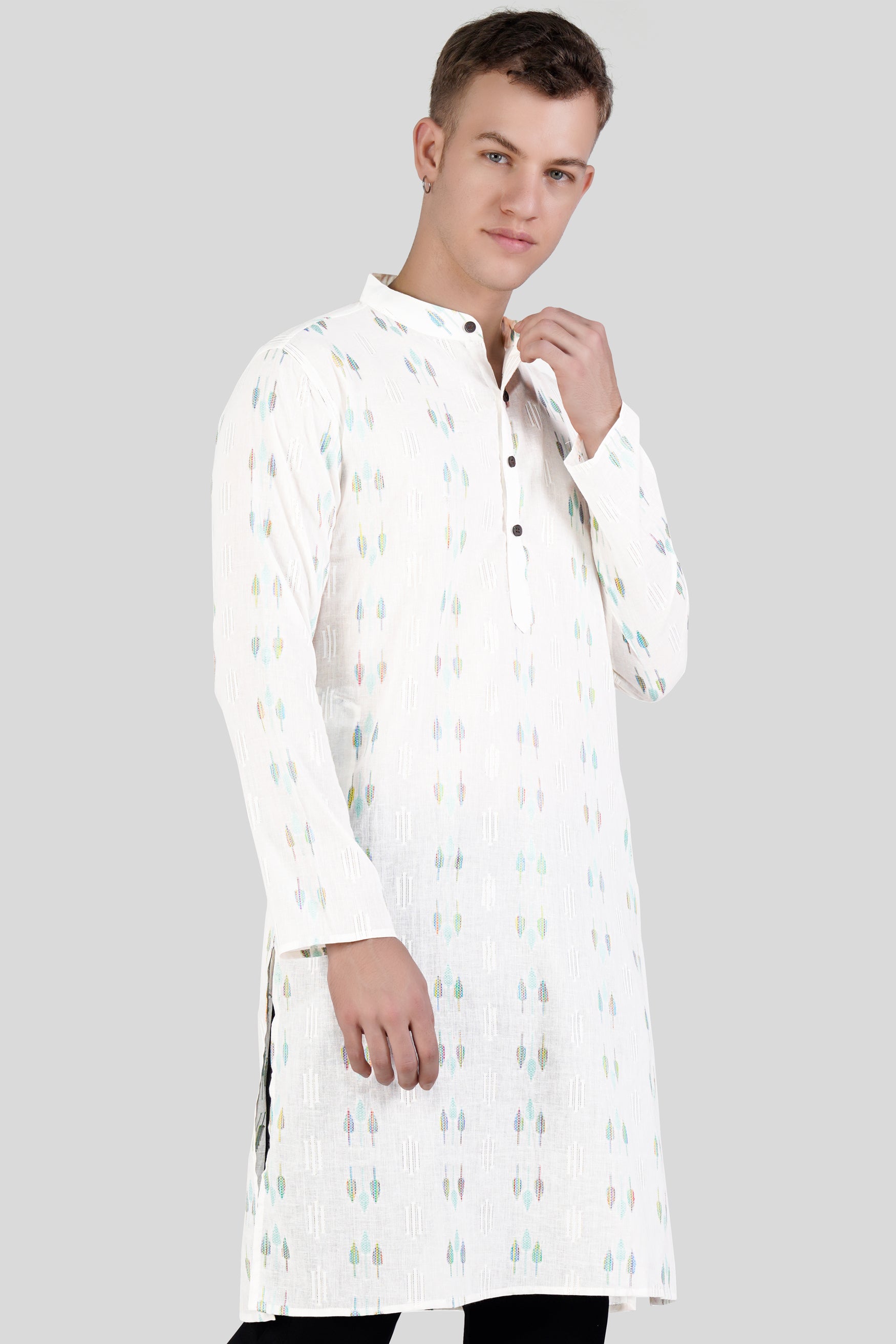 Bright White with colorful Leaves Jacquard Textured Premium Giza Cotton Kurta