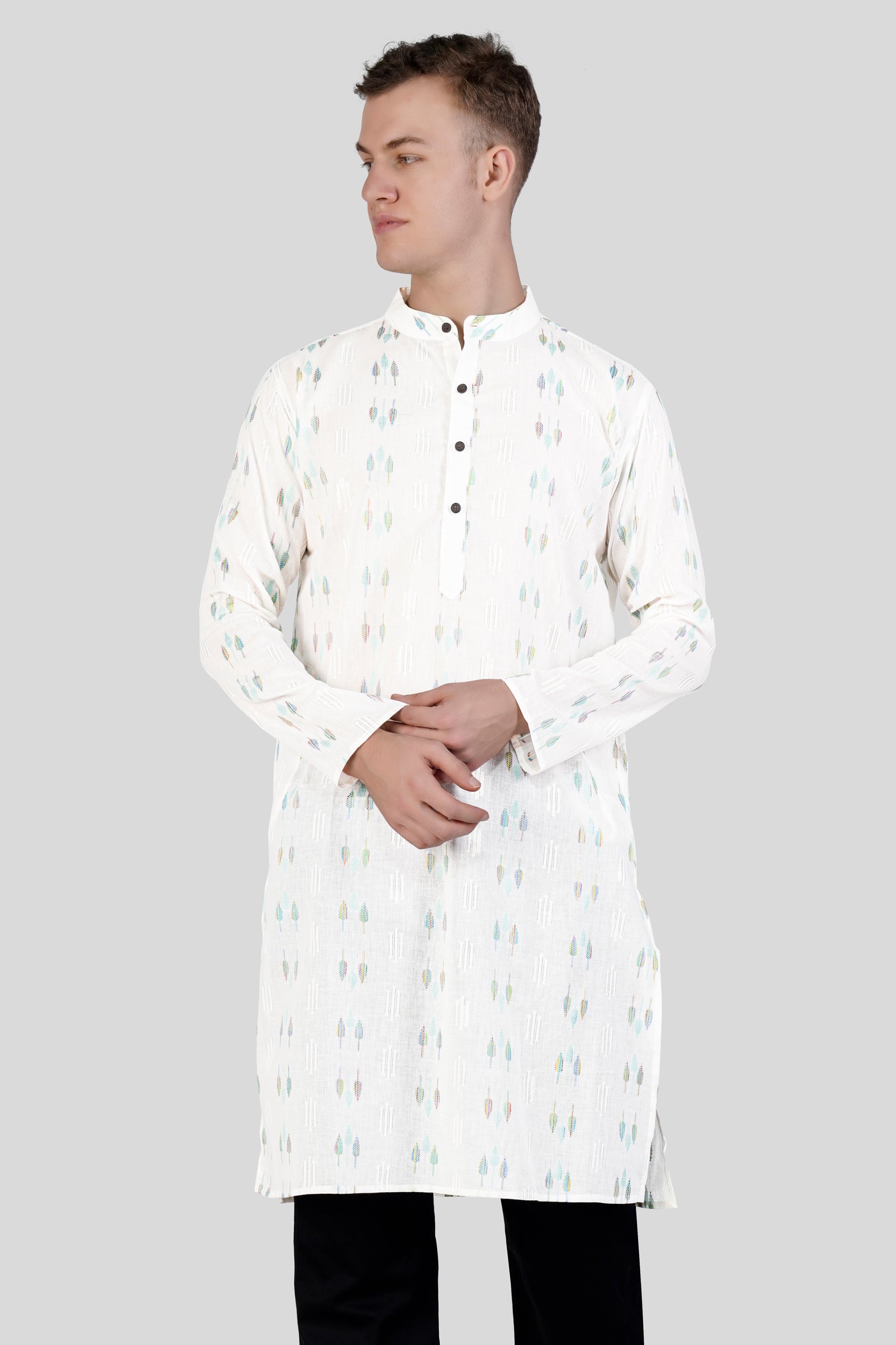 Bright White with colorful Leaves Jacquard Textured Premium Giza Cotton Kurta