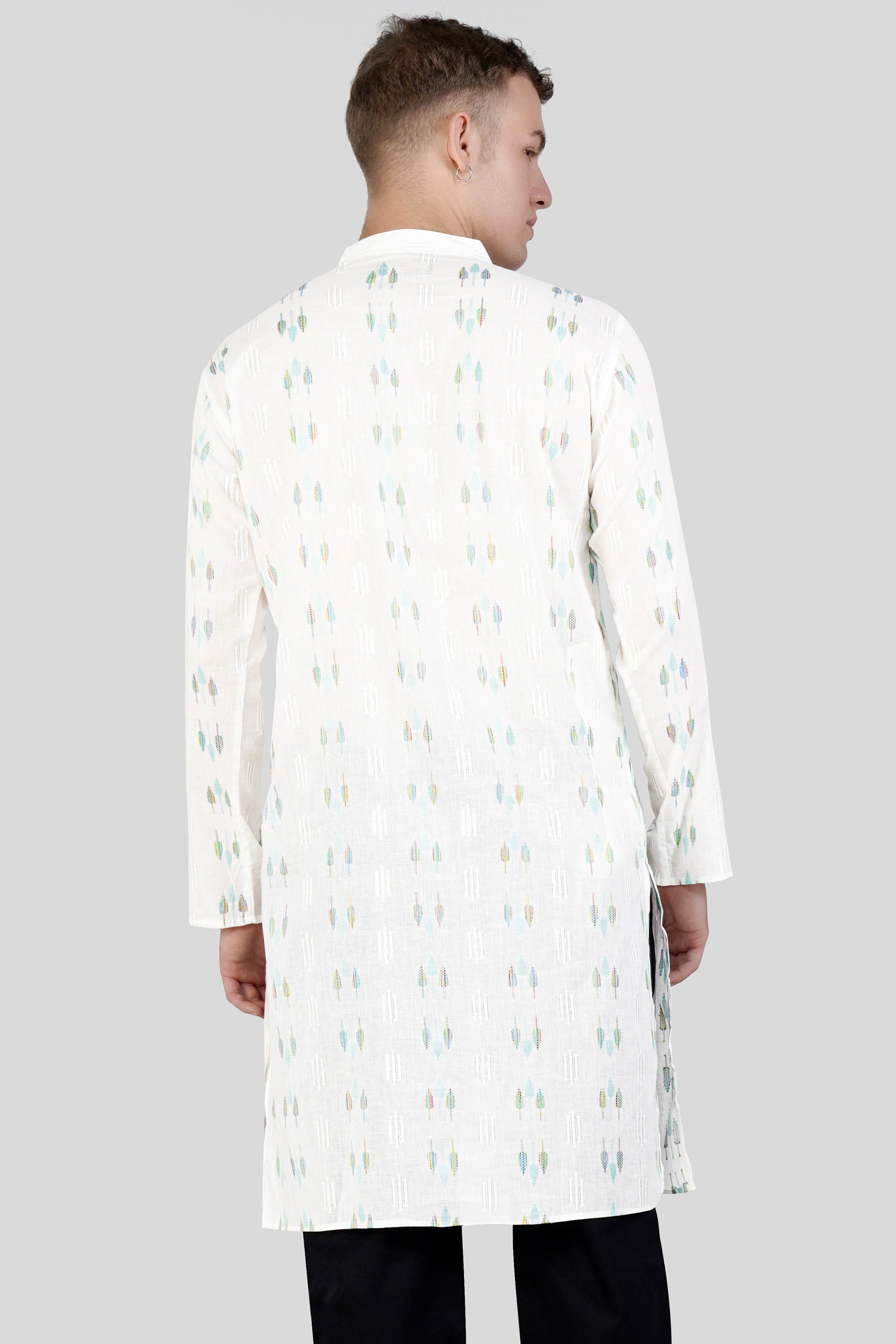 Bright White with colorful Leaves Jacquard Textured Premium Giza Cotton Kurta