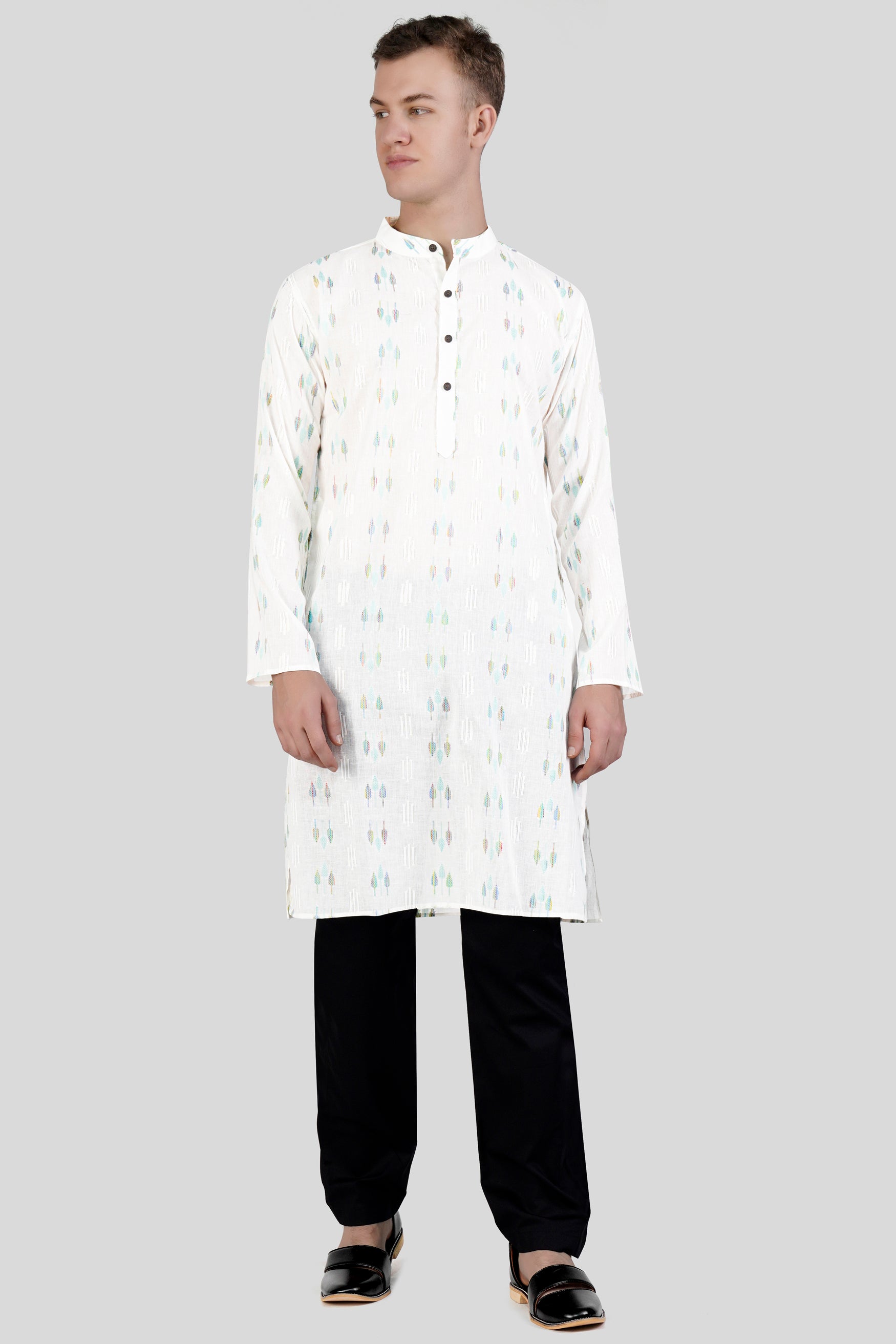 Bright White with colorful Leaves Jacquard Textured Premium Giza Cotton Kurta