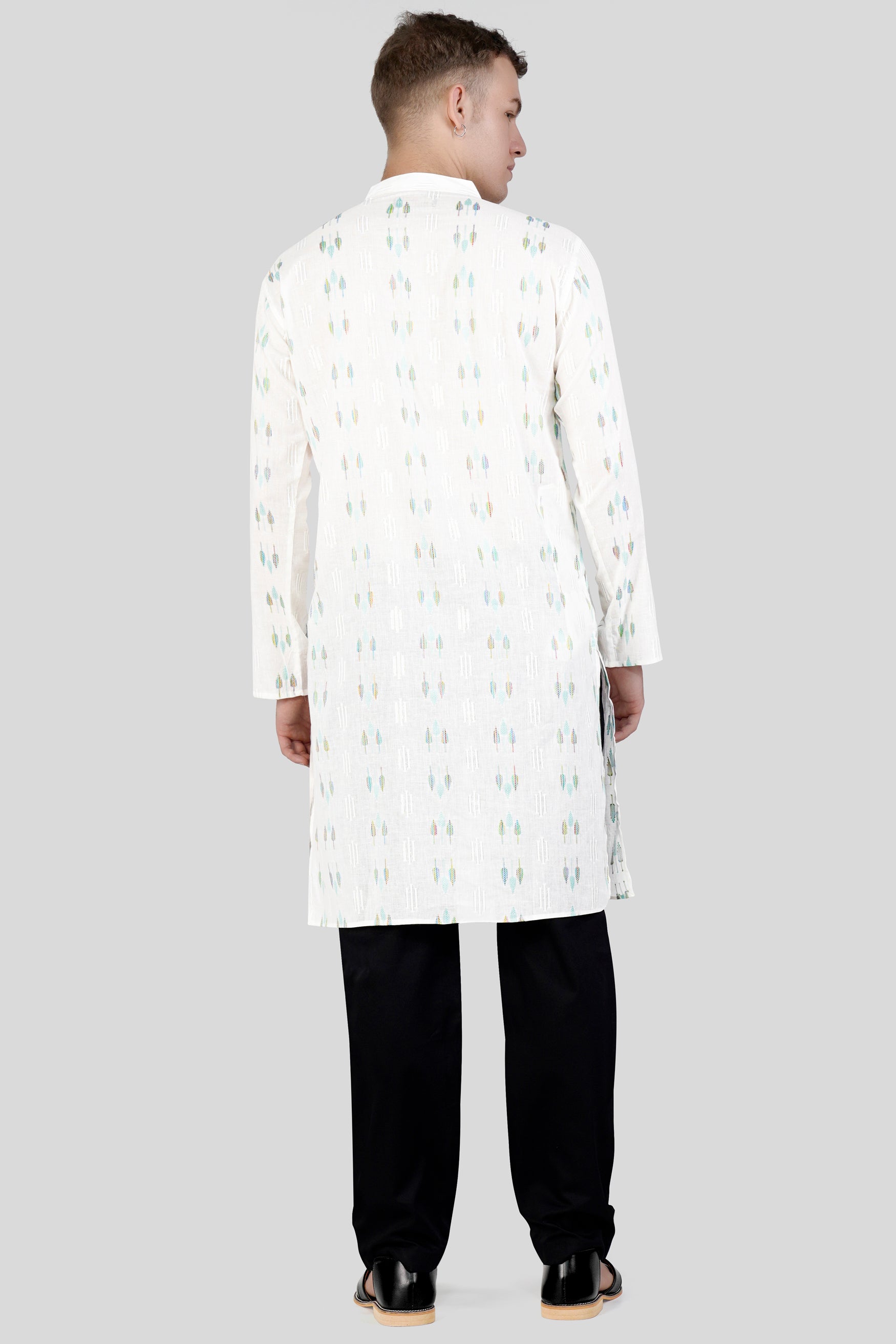 Bright White with colorful Leaves Jacquard Textured Premium Giza Cotton Kurta