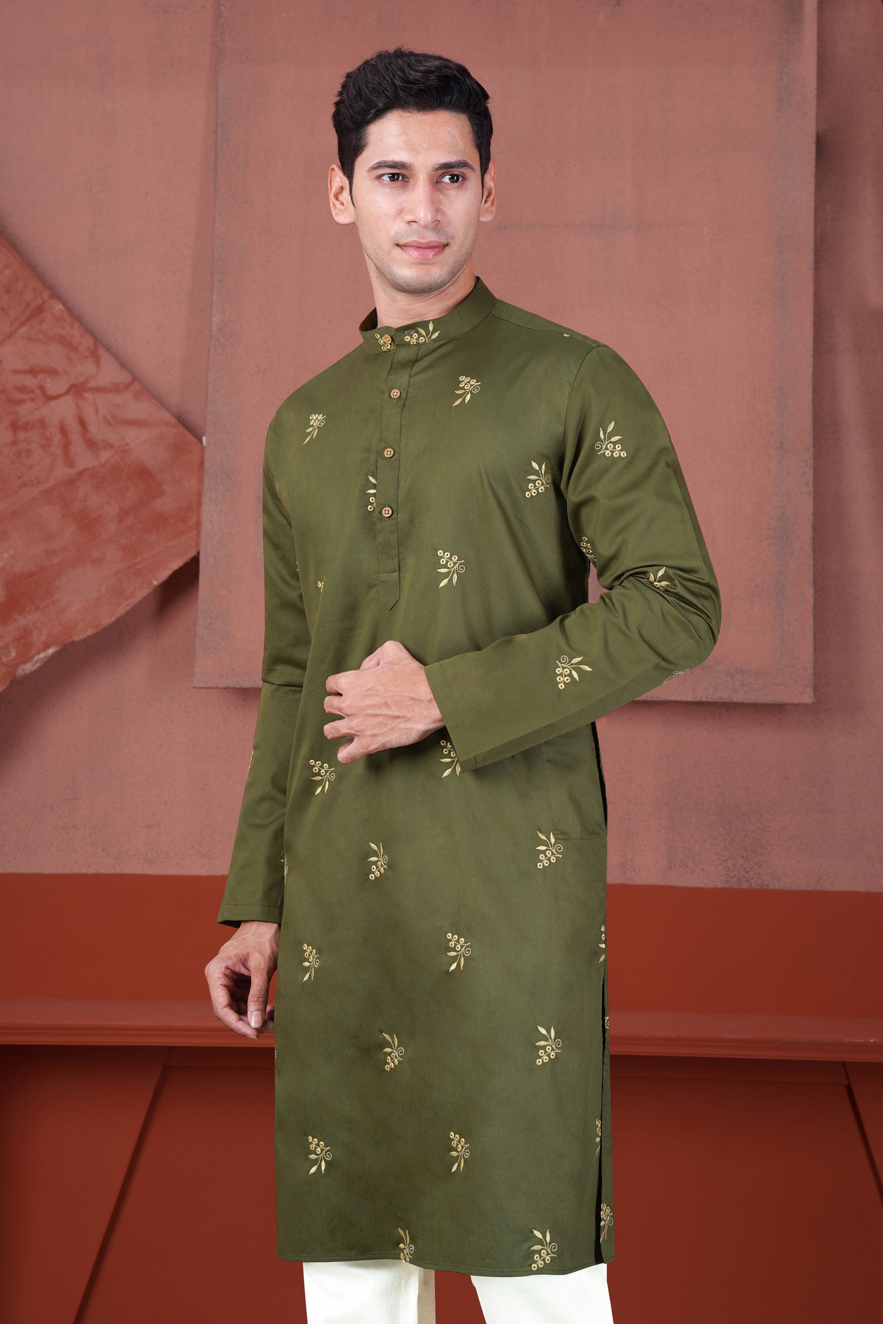 Hemlock Green Floral Embroidered Subtle Sheen Super Soft Premium Cotton Designer Kurta