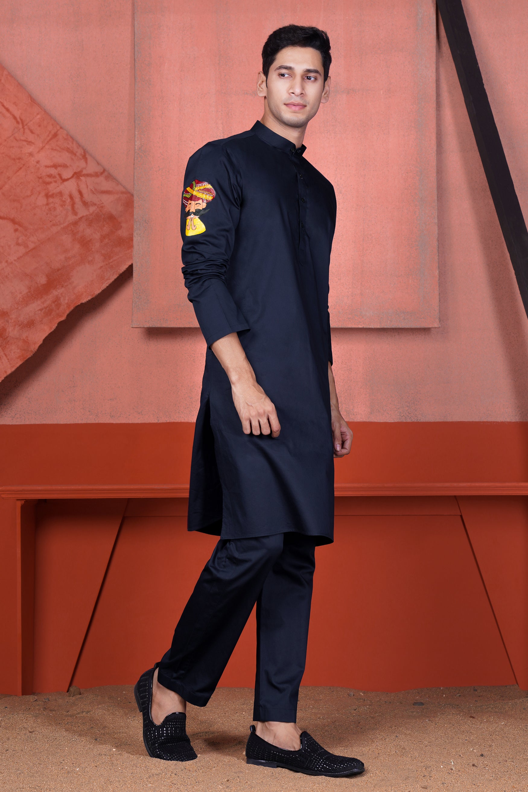 Haiti Blue Rajasthani Man Hand Painted Subtle Sheen Super Soft Premium Cotton Designer Kurta Set