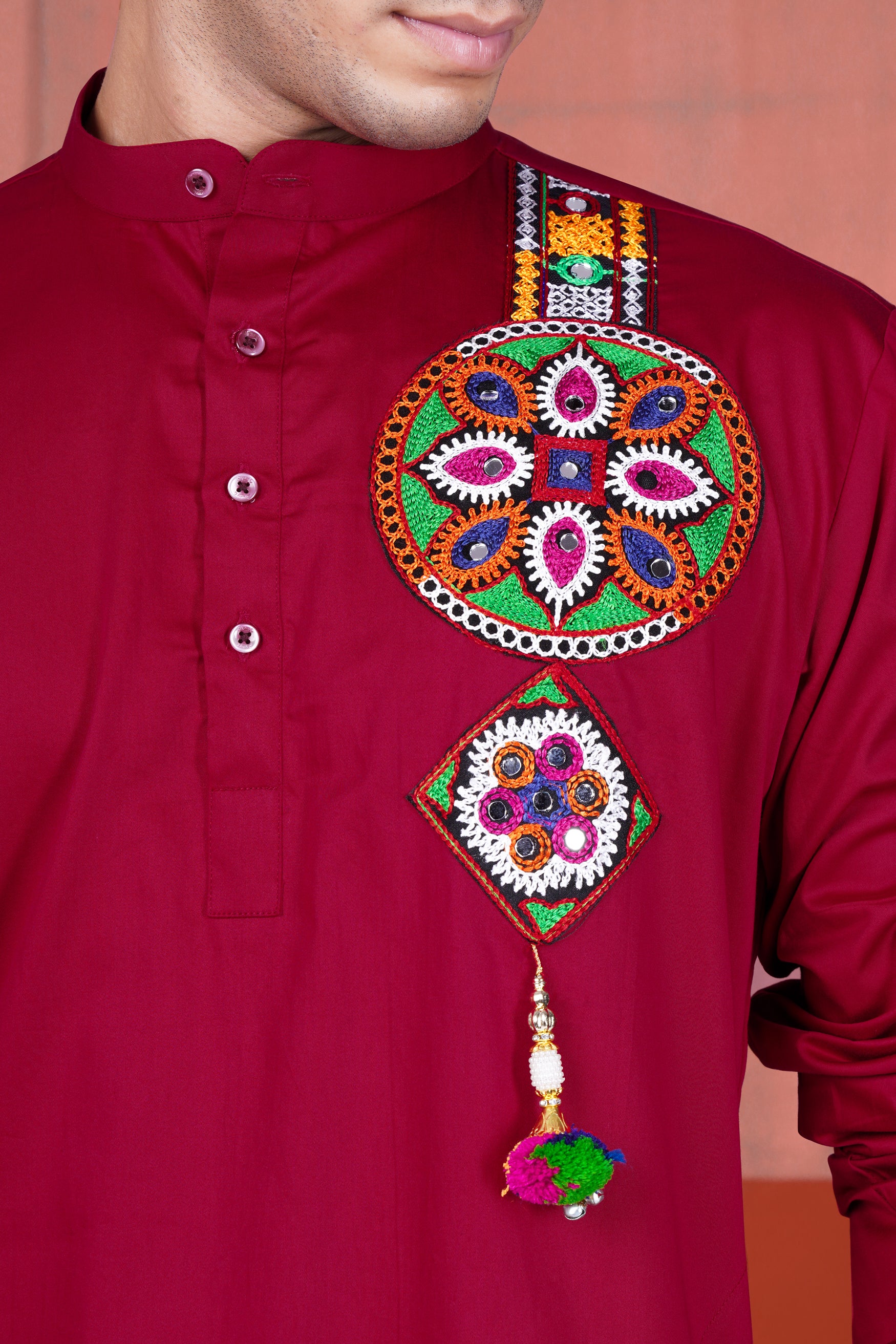 Vivid Auburn Red Multicolour Kutch Work Patches with Mirror Work Subtle Sheen Super Soft Premium Cotton Designer Kurta Set