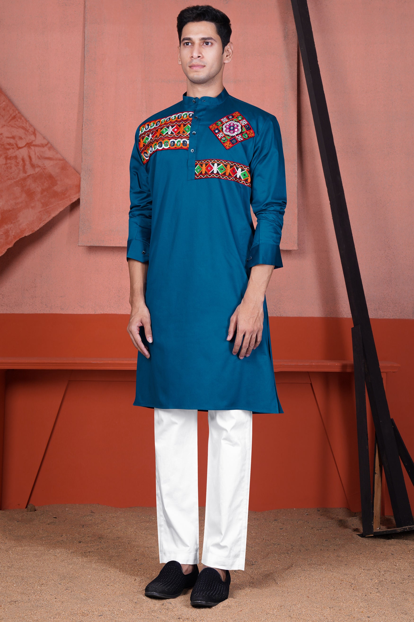Astronaut Blue Multicolour Kutch Work Patches with Mirror Work Subtle Sheen Super Soft Premium Cotton Designer Kurta Set