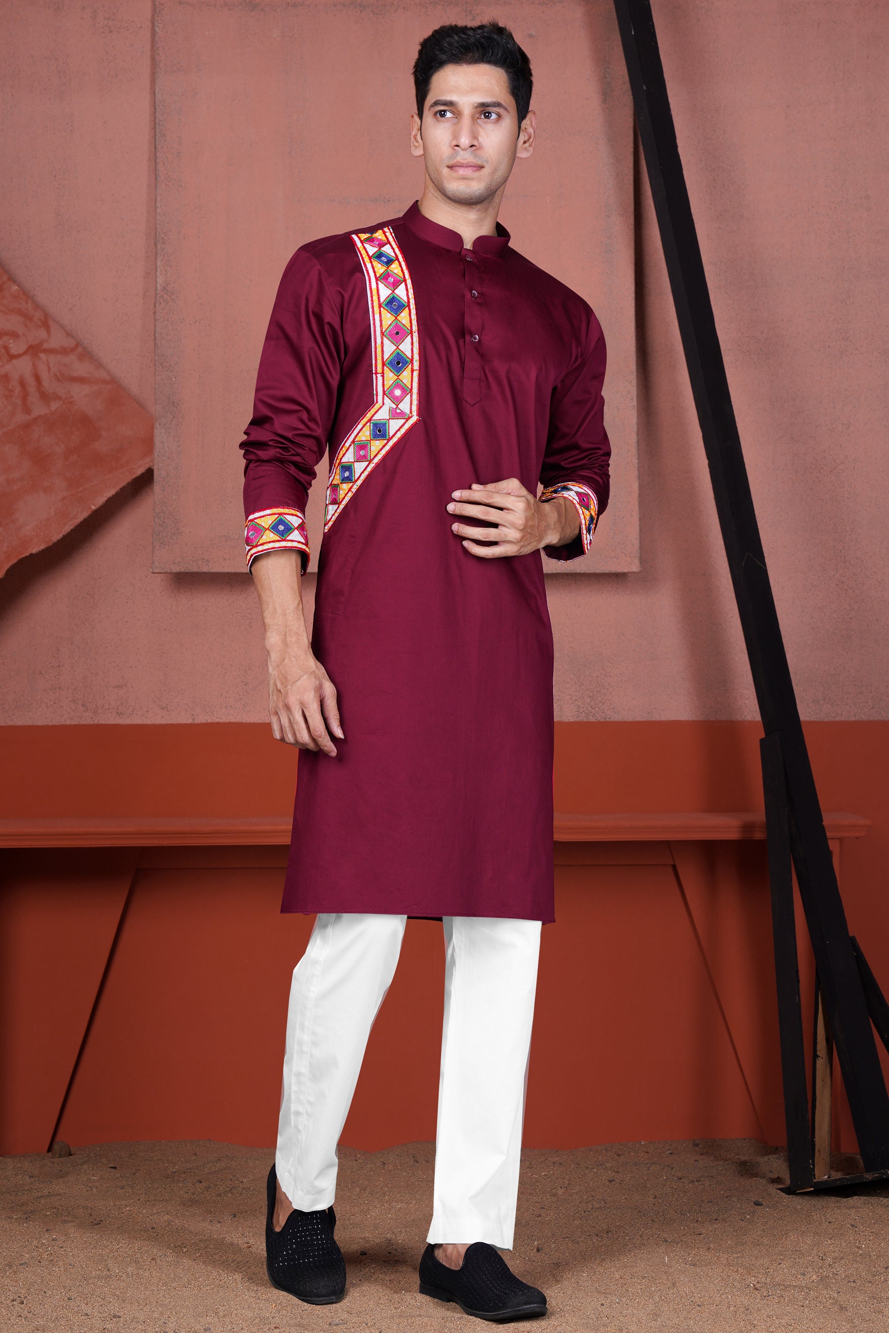 Crater Maroon Kutch Work Patches with Mirror Work Subtle Sheen Super Soft Premium Cotton Designer Kurta Set