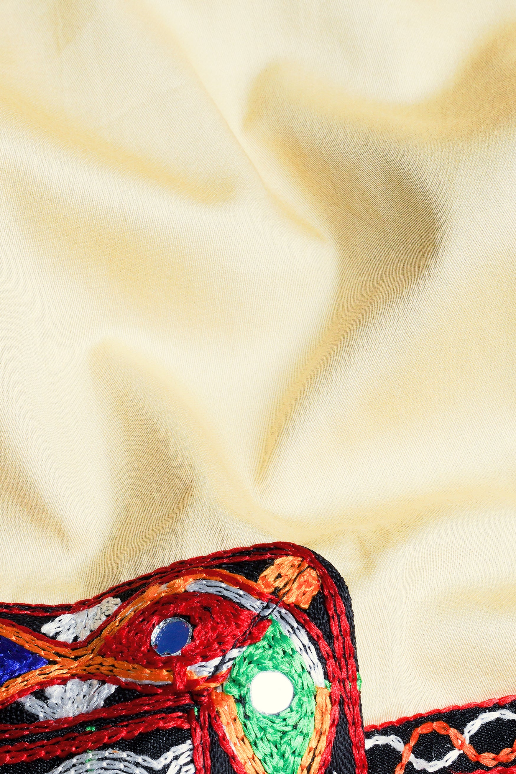 Chamois Beige Horizontal Kutch Work Patches with Mirror Work Subtle Sheen Super Soft Premium Cotton Designer Kurta Set