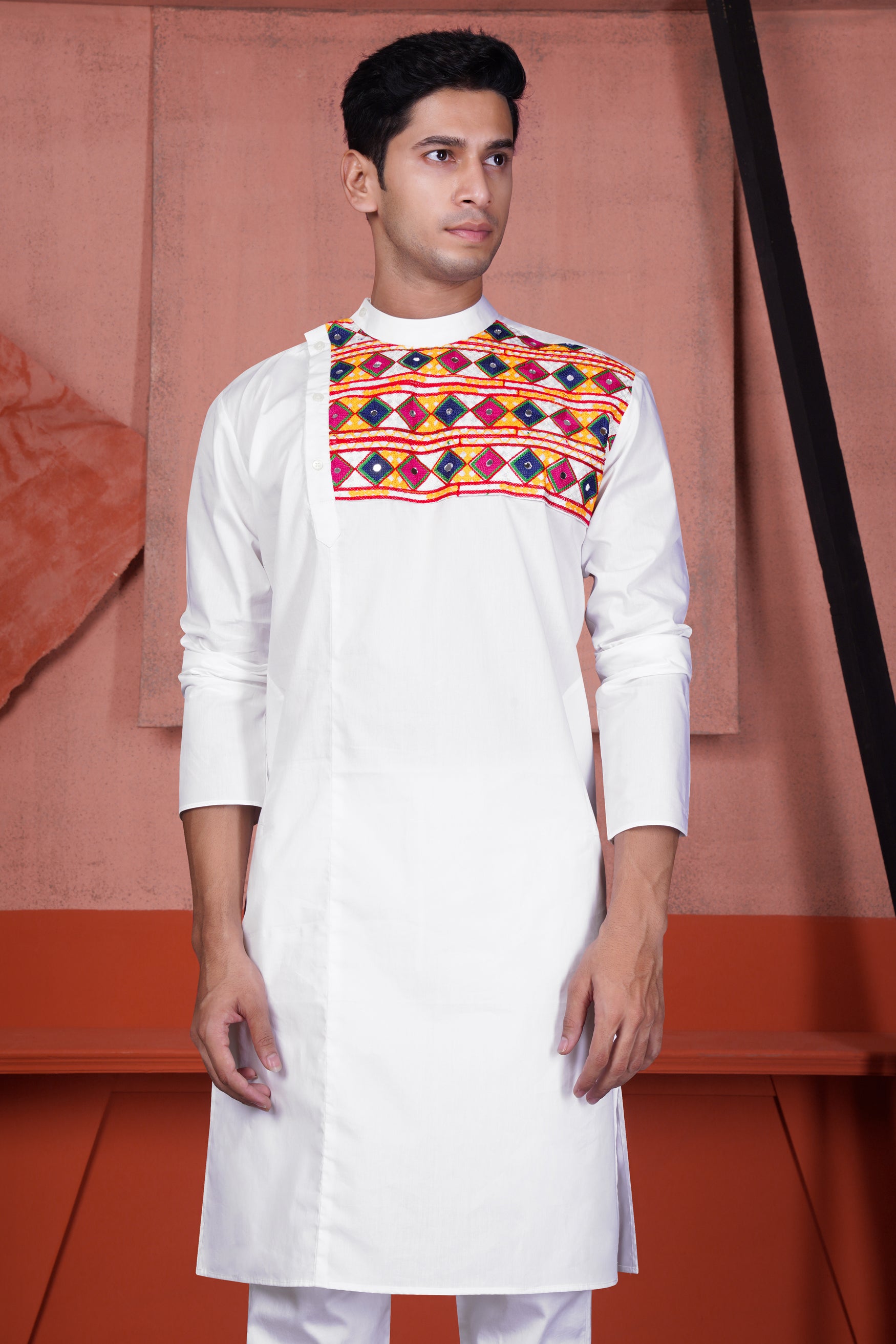 Bright White Multicolour Kutch Work Patches with Mirror Work Premium Cotton Designer Kurta Set
