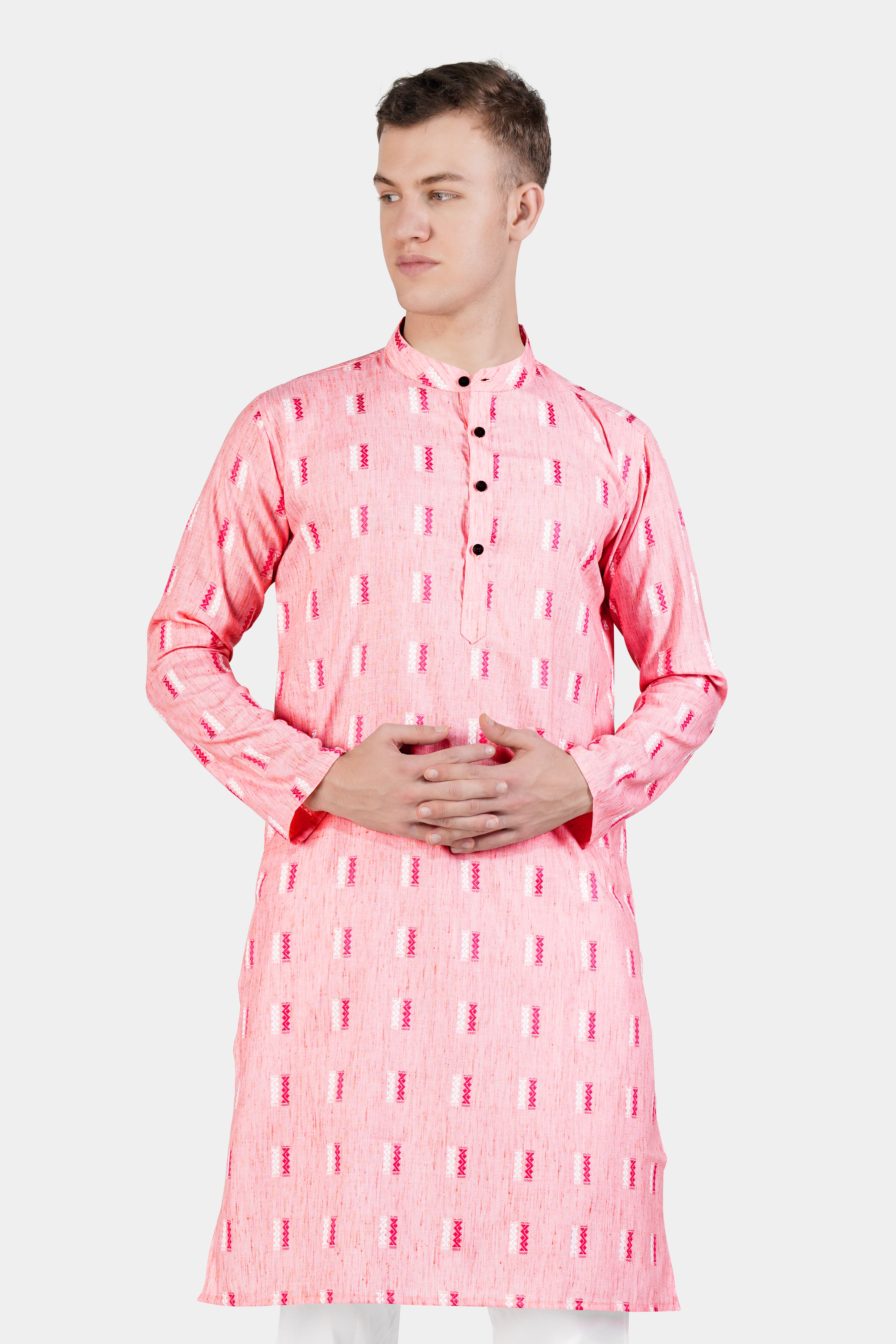 Light Rose Pink Zig-zag Textured Jacquard Premium Giza Cotton Kurta Set