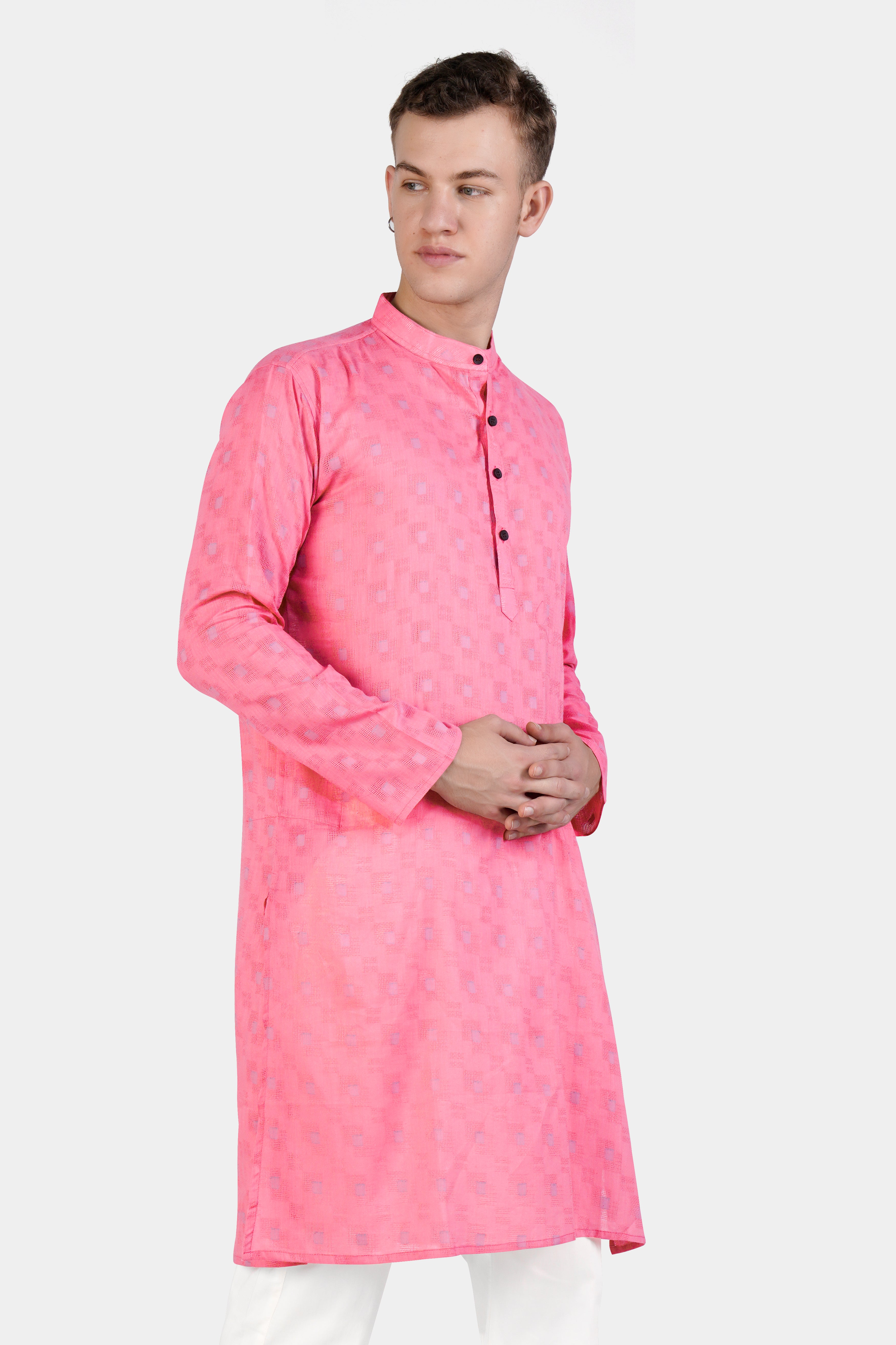 Flamingo Pink Geometric Dobby Textured Premium Giza Cotton Kurta Set