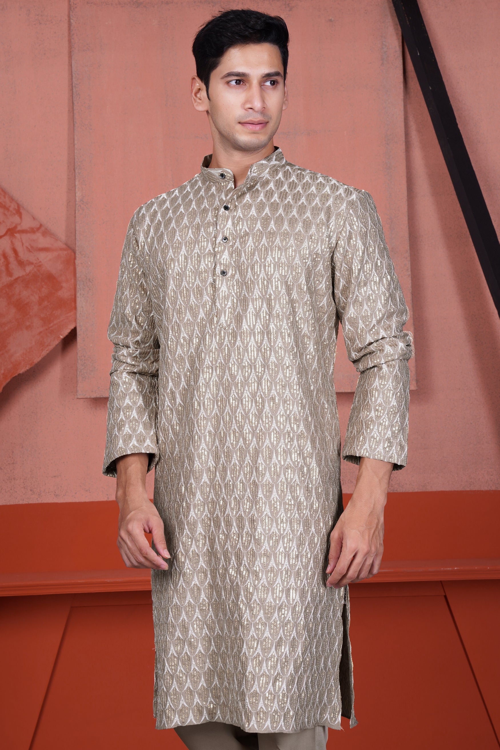 Nobel Brown Viscose Embroidered with Tikki Work Designer Kurta Set