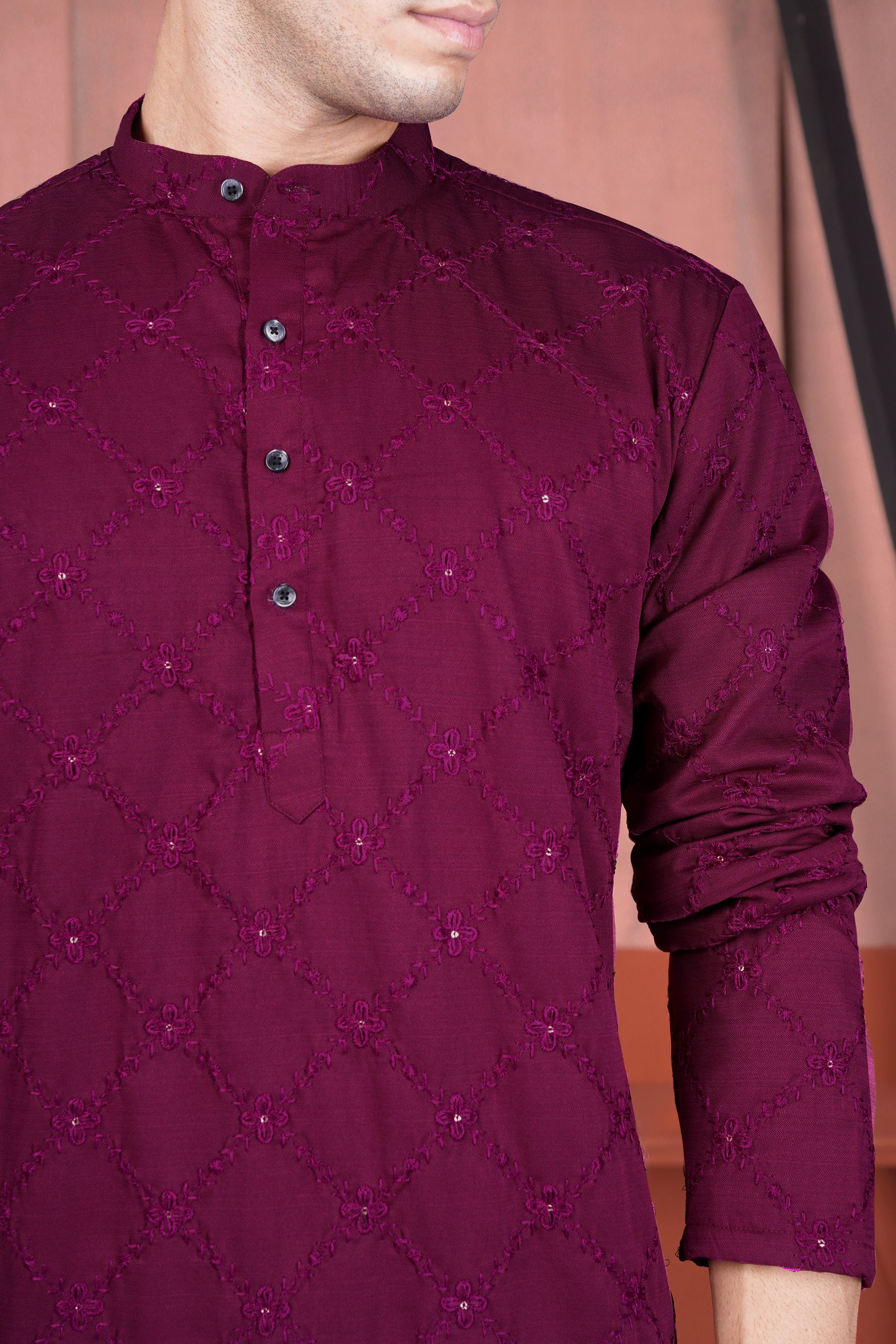 Bordeaux Wine Viscose Embroidered With Tikki Work Designer Kurta Set