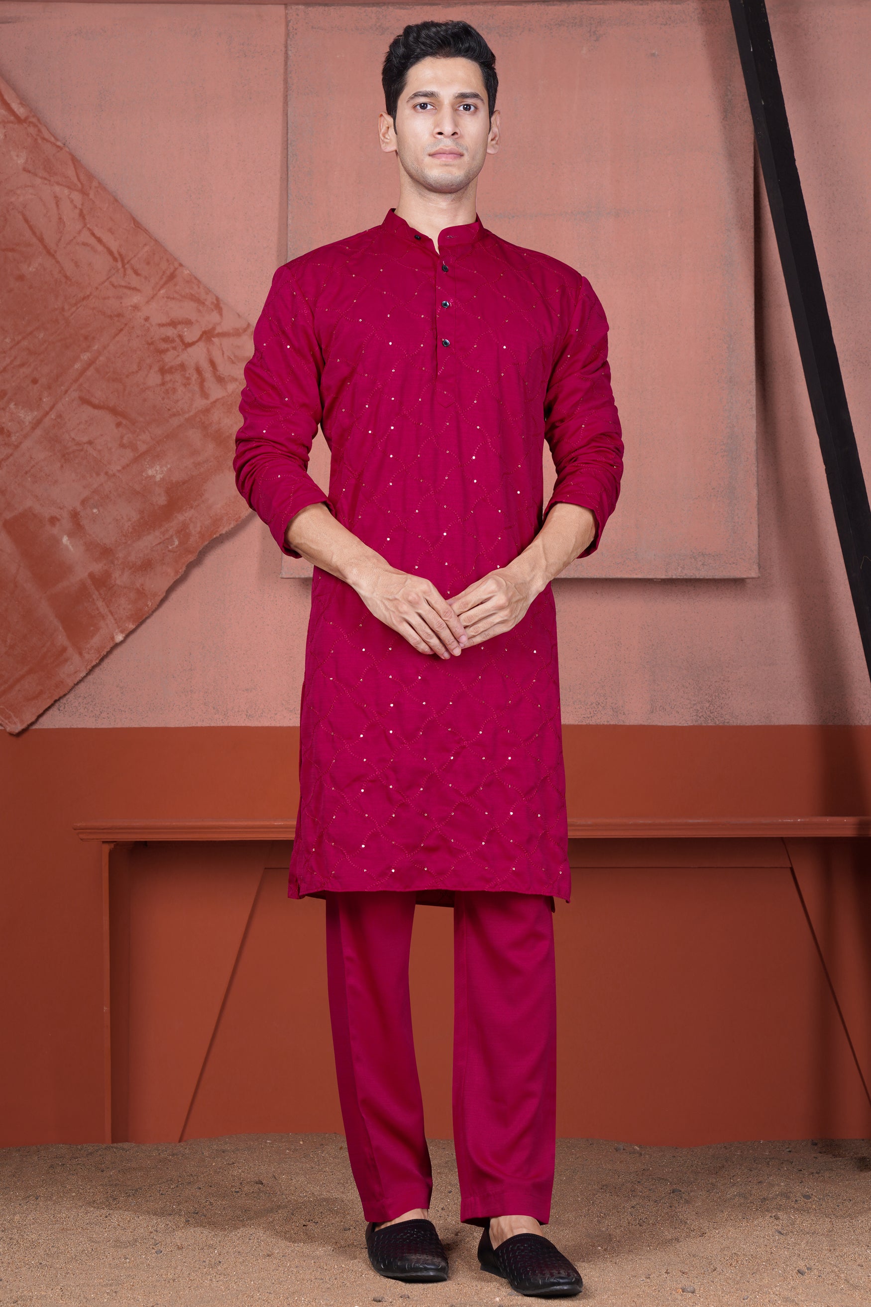 Cardinal Pink Viscose Embroidered With Tikki Work Designer Kurta Set