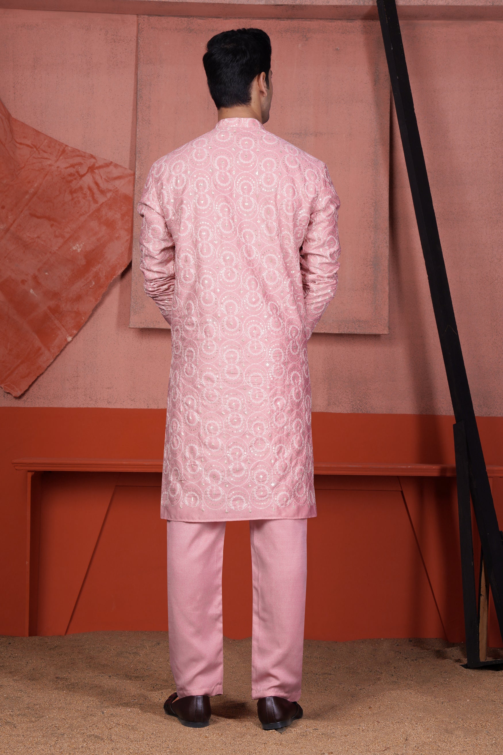 Careys Pink Circular Cotton Thread Embroidered Viscose Designer Kurta Set