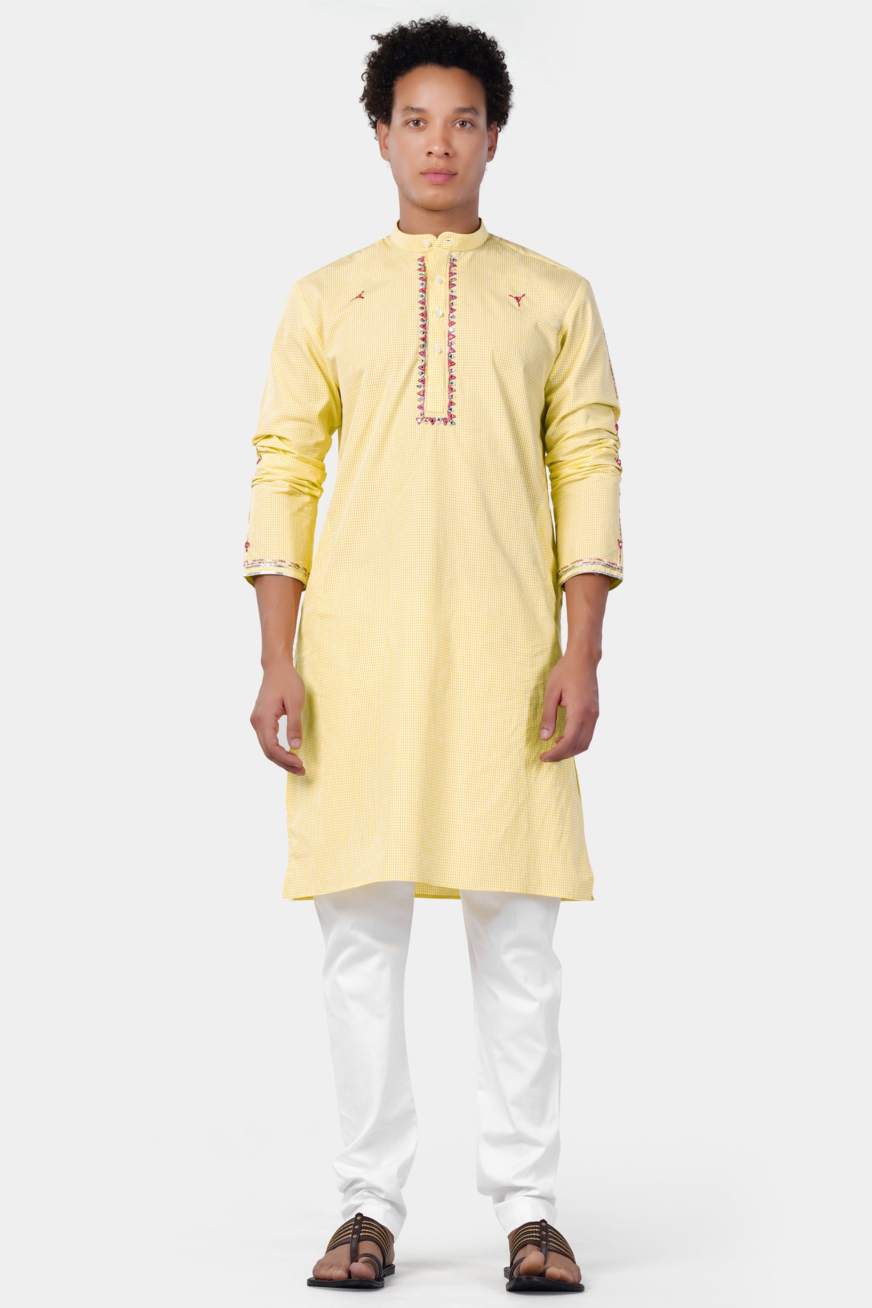 Brulee Yellow and White Gingham Checkered with Thread Embroidered and Mirror Work Premium Cotton Designer Kurta Set