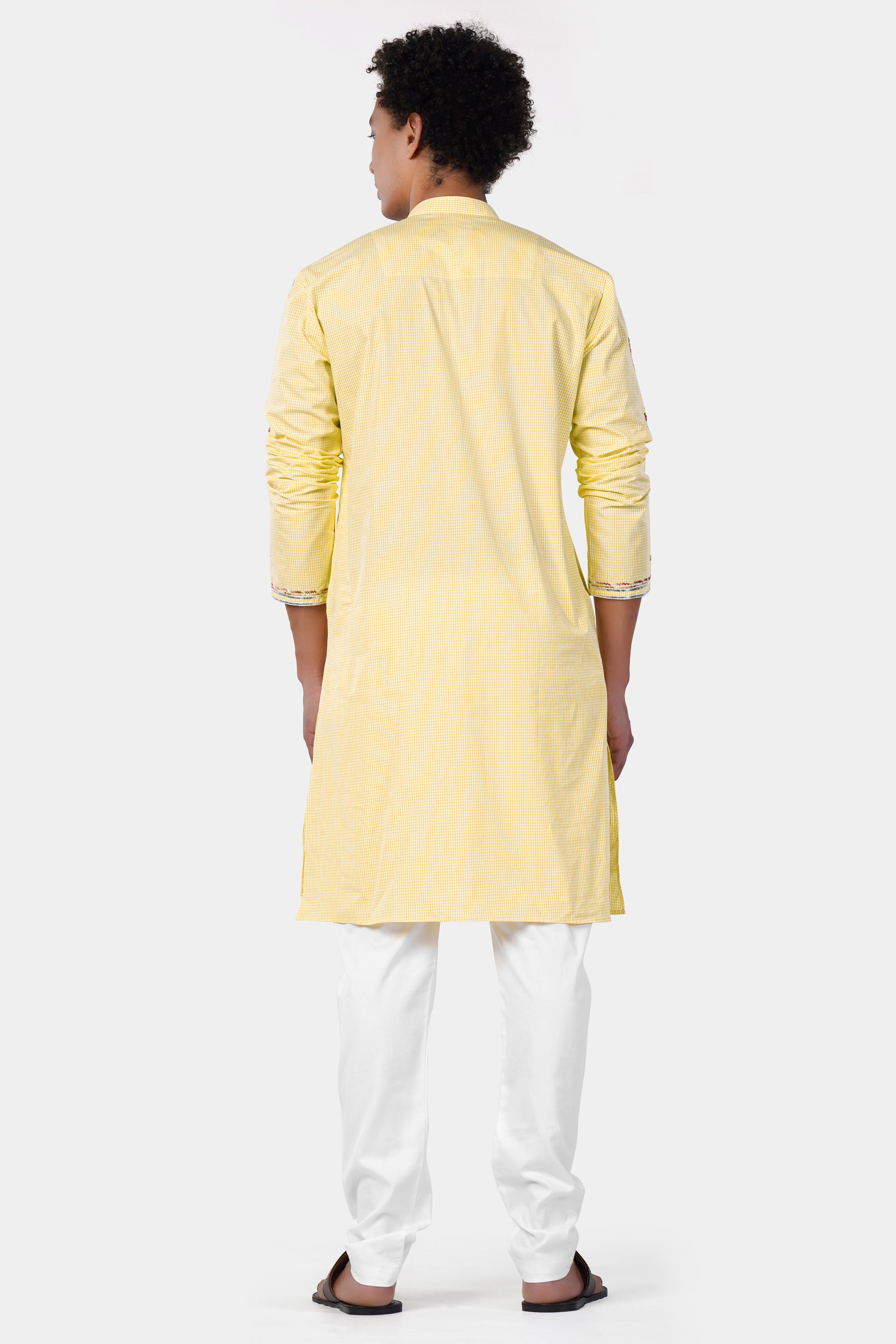 Brulee Yellow and White Gingham Checkered with Thread Embroidered and Mirror Work Premium Cotton Designer Kurta Set
