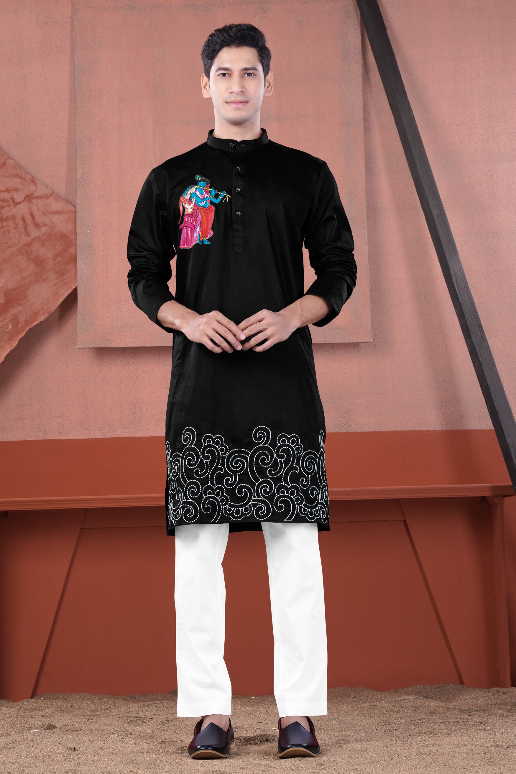 Jade Black Radha Krisha Hand Painted Subtle Sheen Super Soft Premium Cotton Designer Kurta Set