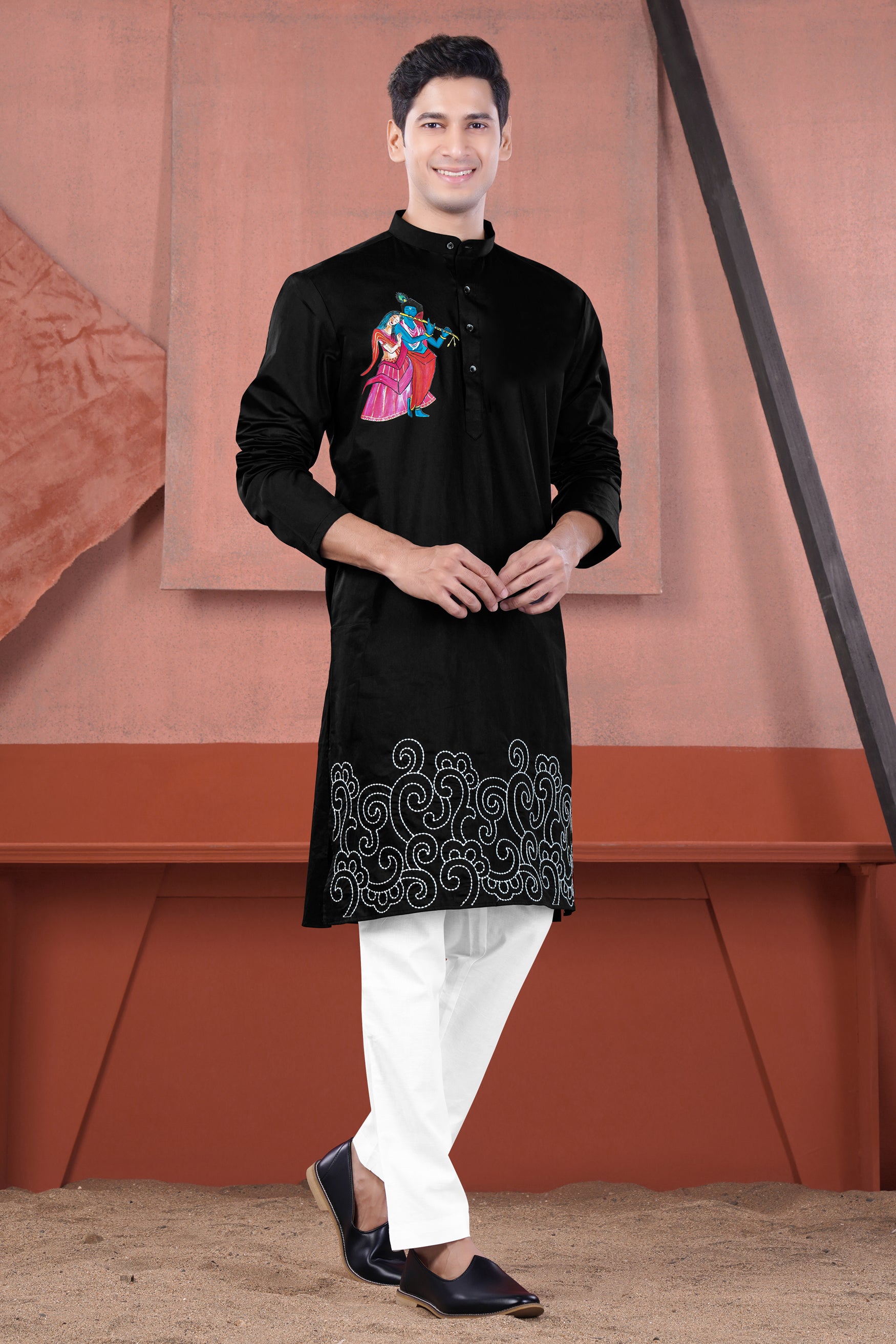 Jade Black Radha Krisha Hand Painted Subtle Sheen Super Soft Premium Cotton Designer Kurta Set