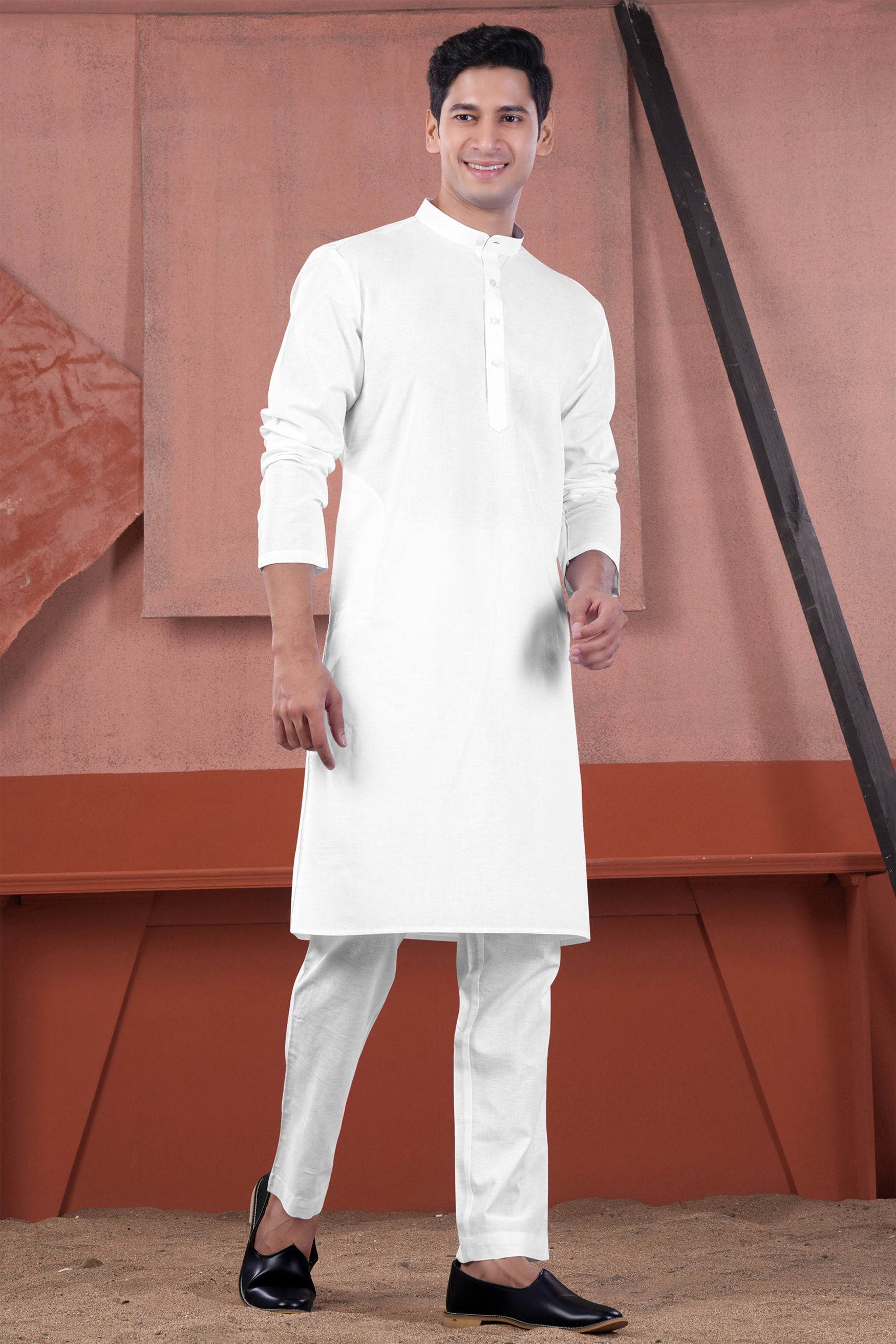 Bright White Luxurious Linen Kurta Set